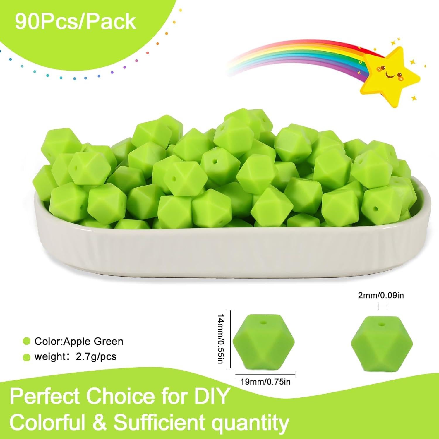 90 Perlas de Silicona Hexagonales Aoughthee 14mm Verde Manzana