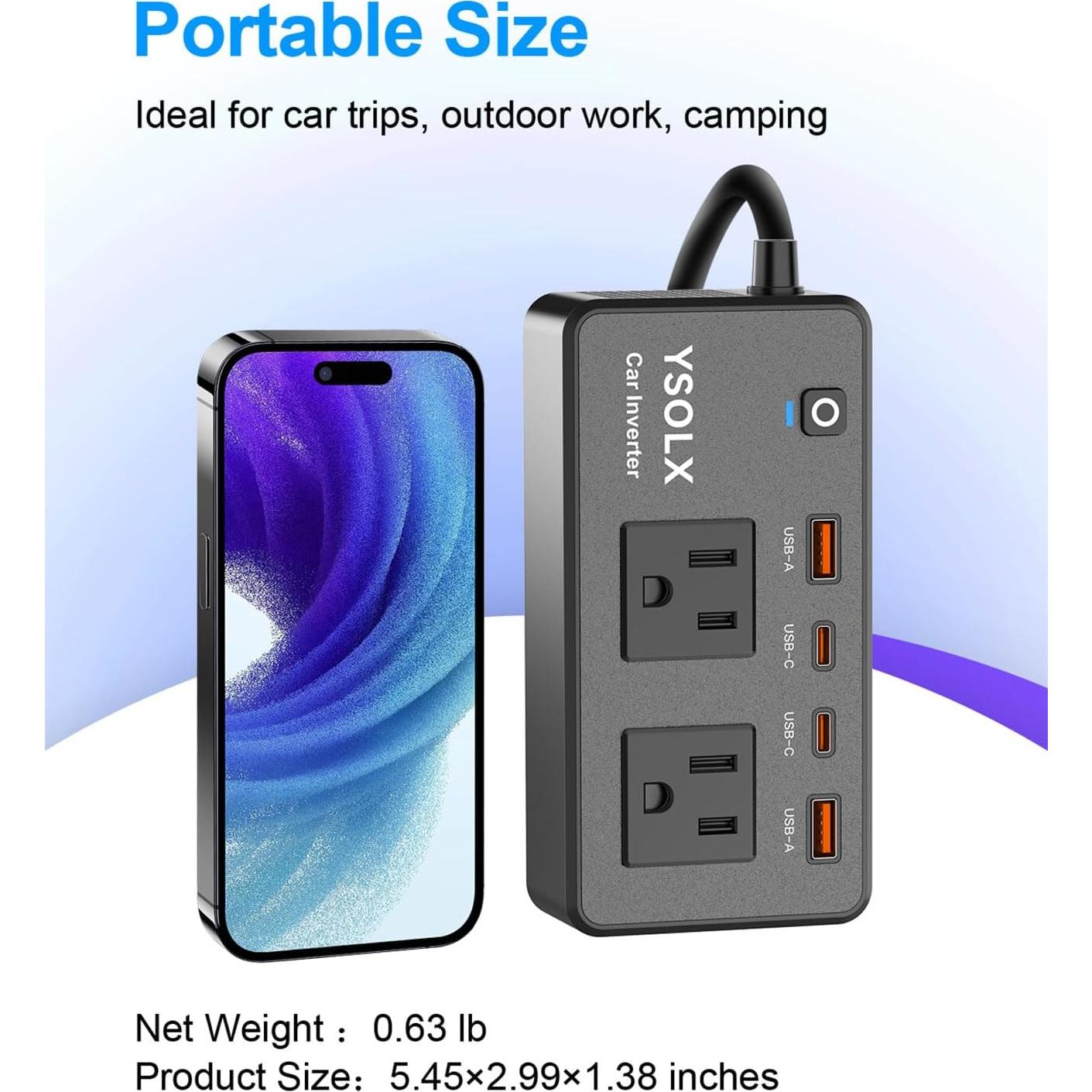 Inversor de Potencia 300W YSOLX DC 12V a 110V AC con USB