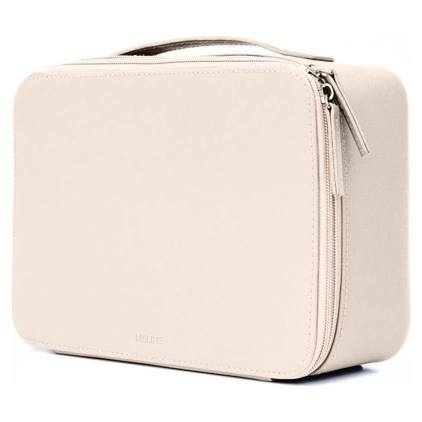 Bolsa de Maquillaje MELINE de Cuero Beige con Soporte para Brochas
