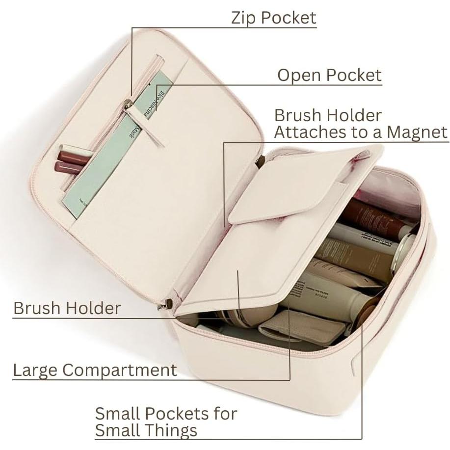 Bolsa de Maquillaje MELINE de Cuero Beige con Soporte para Brochas