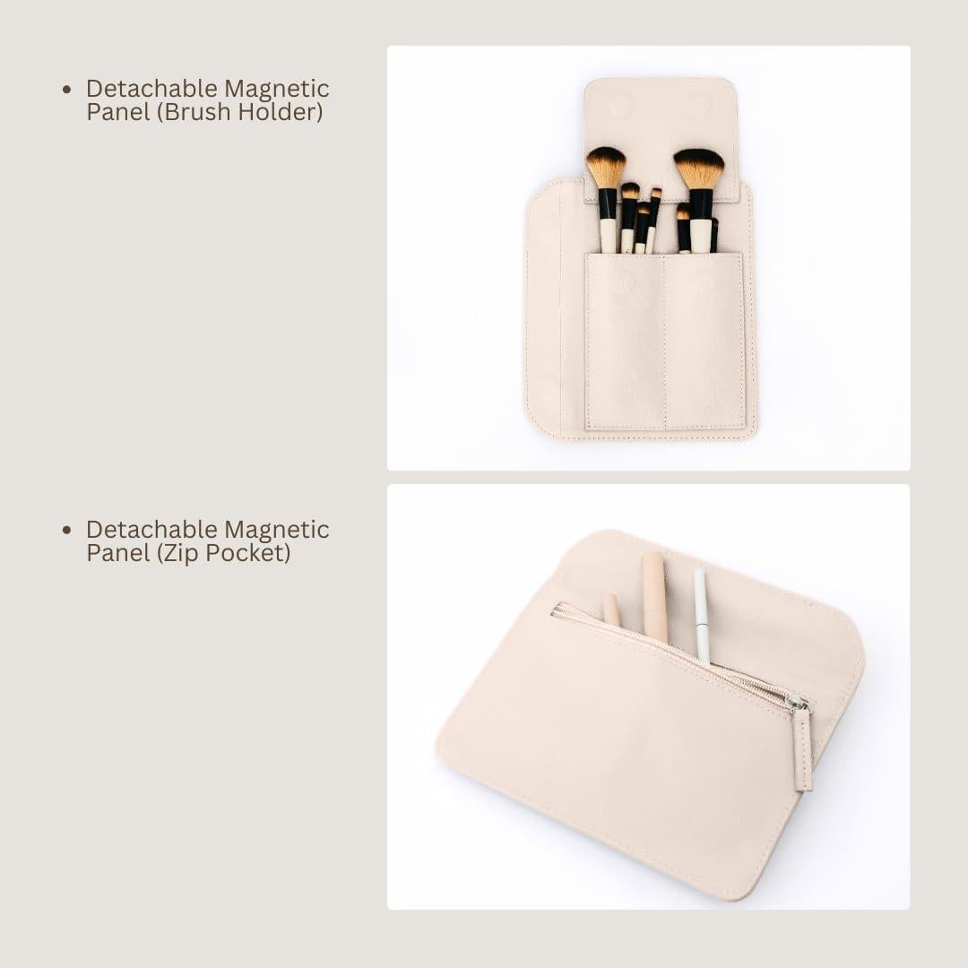 Bolsa de Maquillaje MELINE de Cuero Beige con Soporte para Brochas