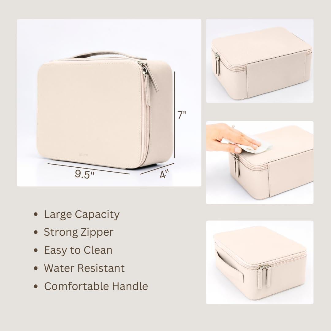 Bolsa de Maquillaje MELINE de Cuero Beige con Soporte para Brochas