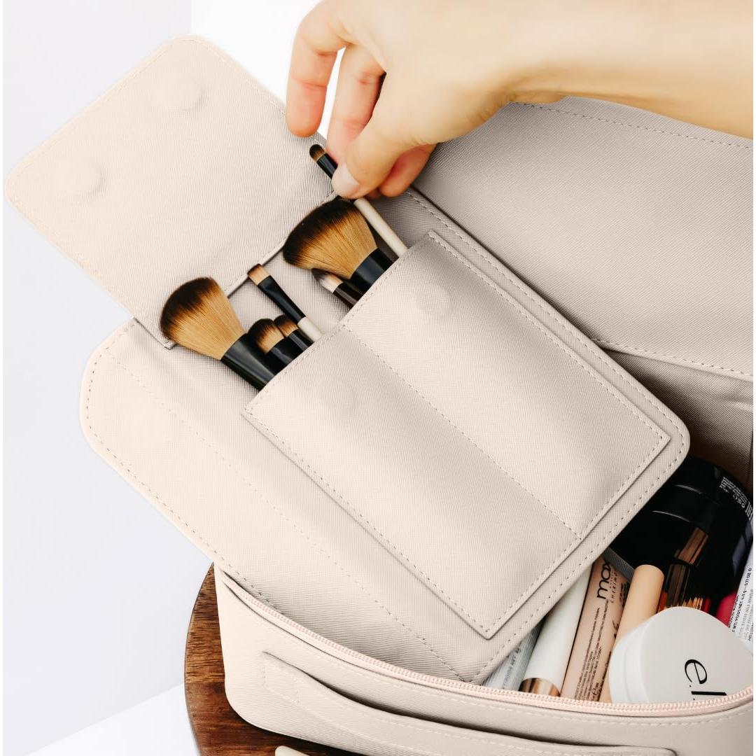 Bolsa de Maquillaje MELINE de Cuero Beige con Soporte para Brochas