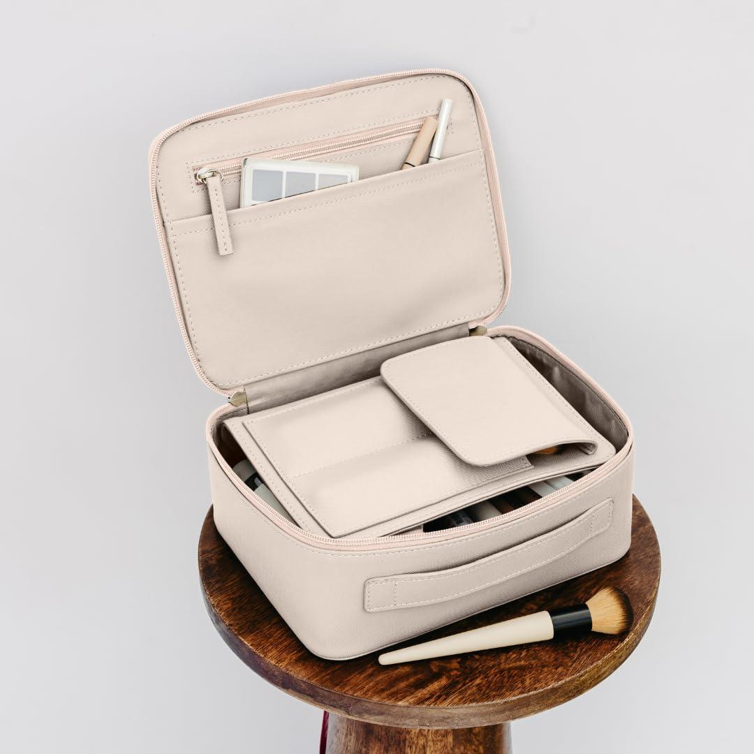 Bolsa de Maquillaje MELINE de Cuero Beige con Soporte para Brochas