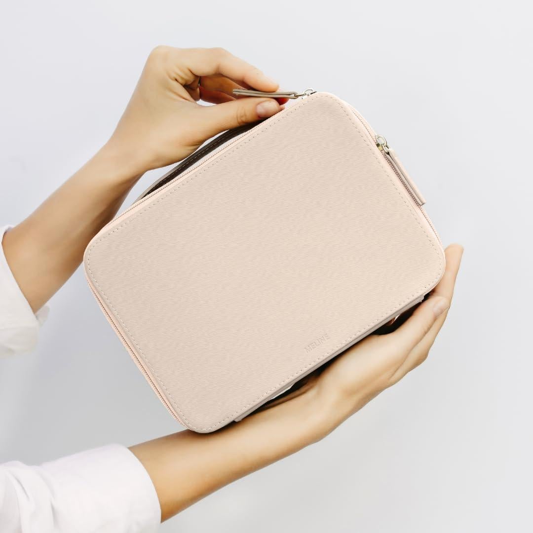 Bolsa de Maquillaje MELINE de Cuero Beige con Soporte para Brochas