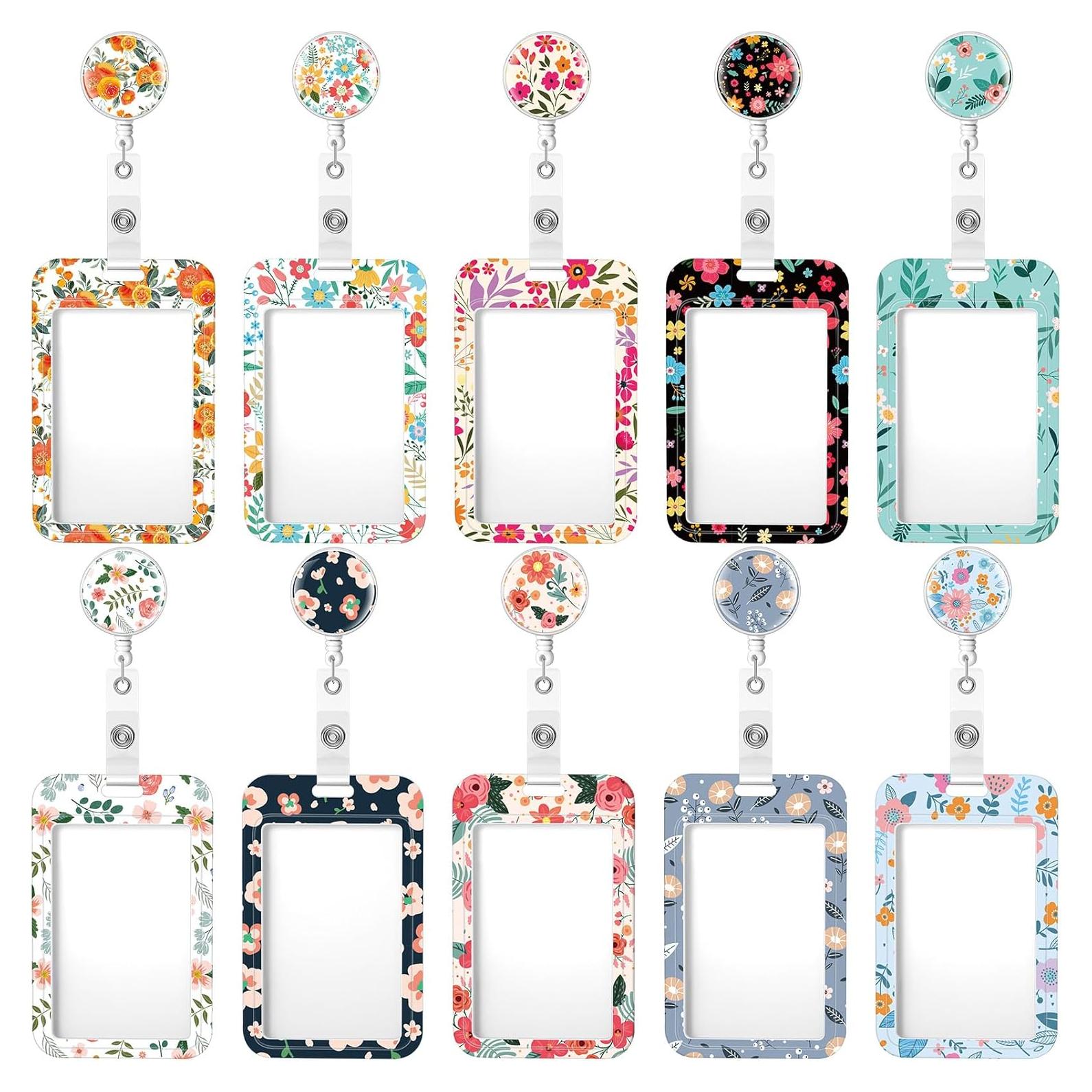 Set de 10 Portatarjetas Retráctiles Geyoga con Clip Floral