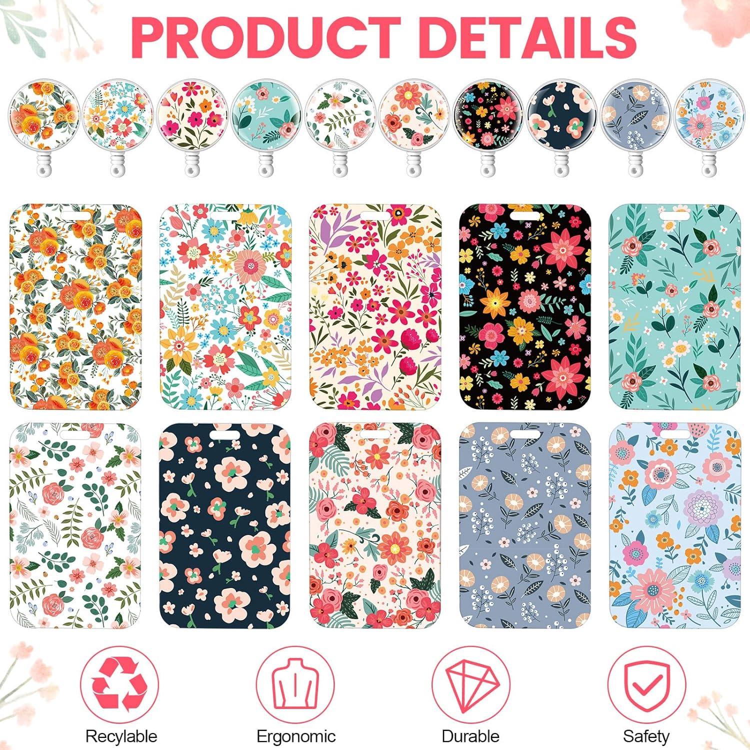 Set de 10 Portatarjetas Retráctiles Geyoga con Clip Floral