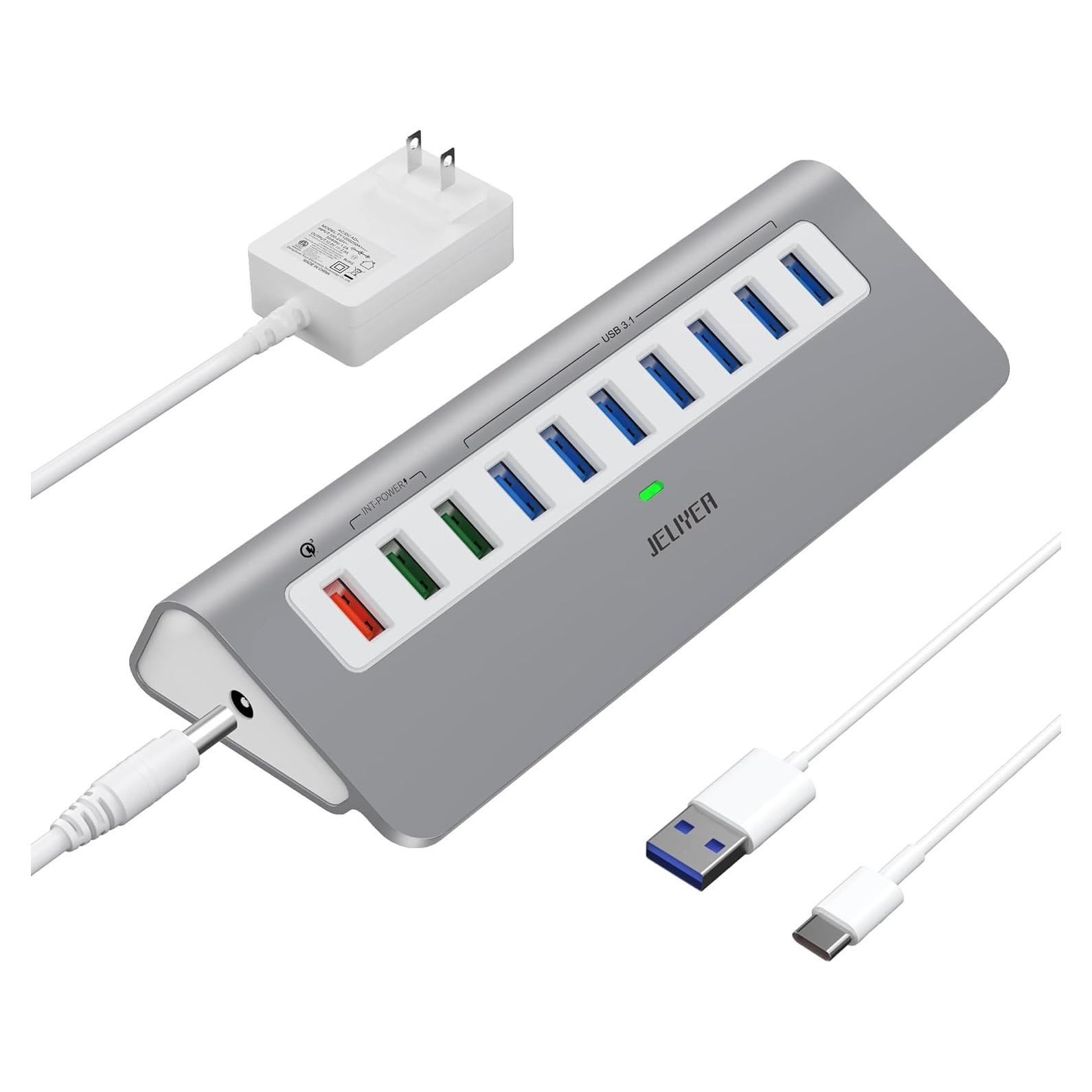 Hub USB 3.1 Alimentado JELIYEA 10 Puertos 10Gbps Carga Rápida