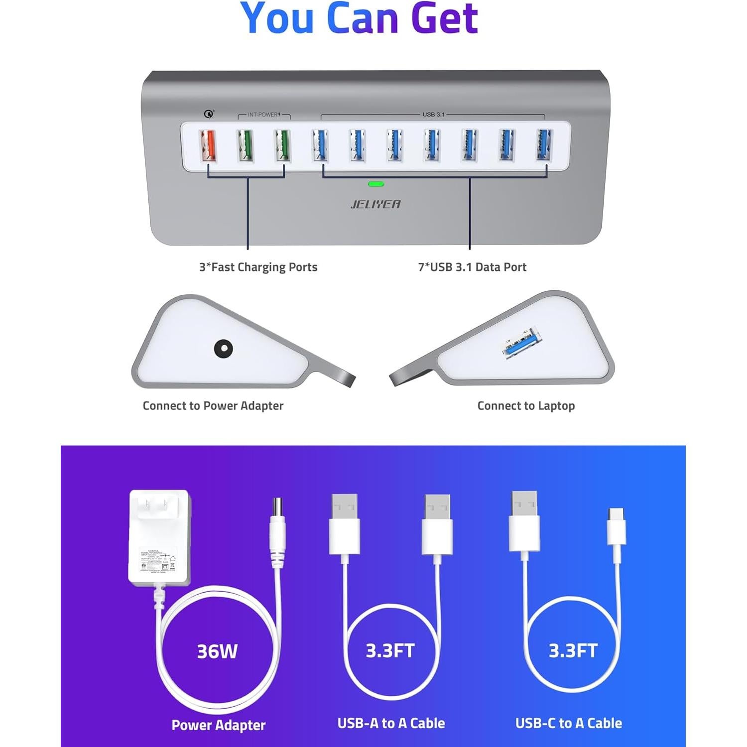 Hub USB 3.1 Alimentado JELIYEA 10 Puertos 10Gbps Carga Rápida