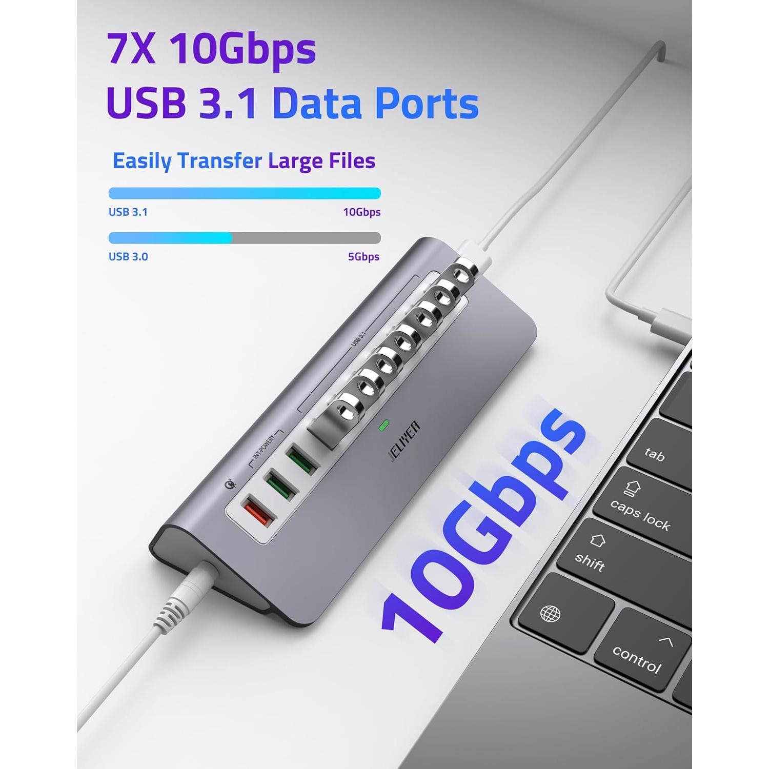 Hub USB 3.1 Alimentado JELIYEA 10 Puertos 10Gbps Carga Rápida