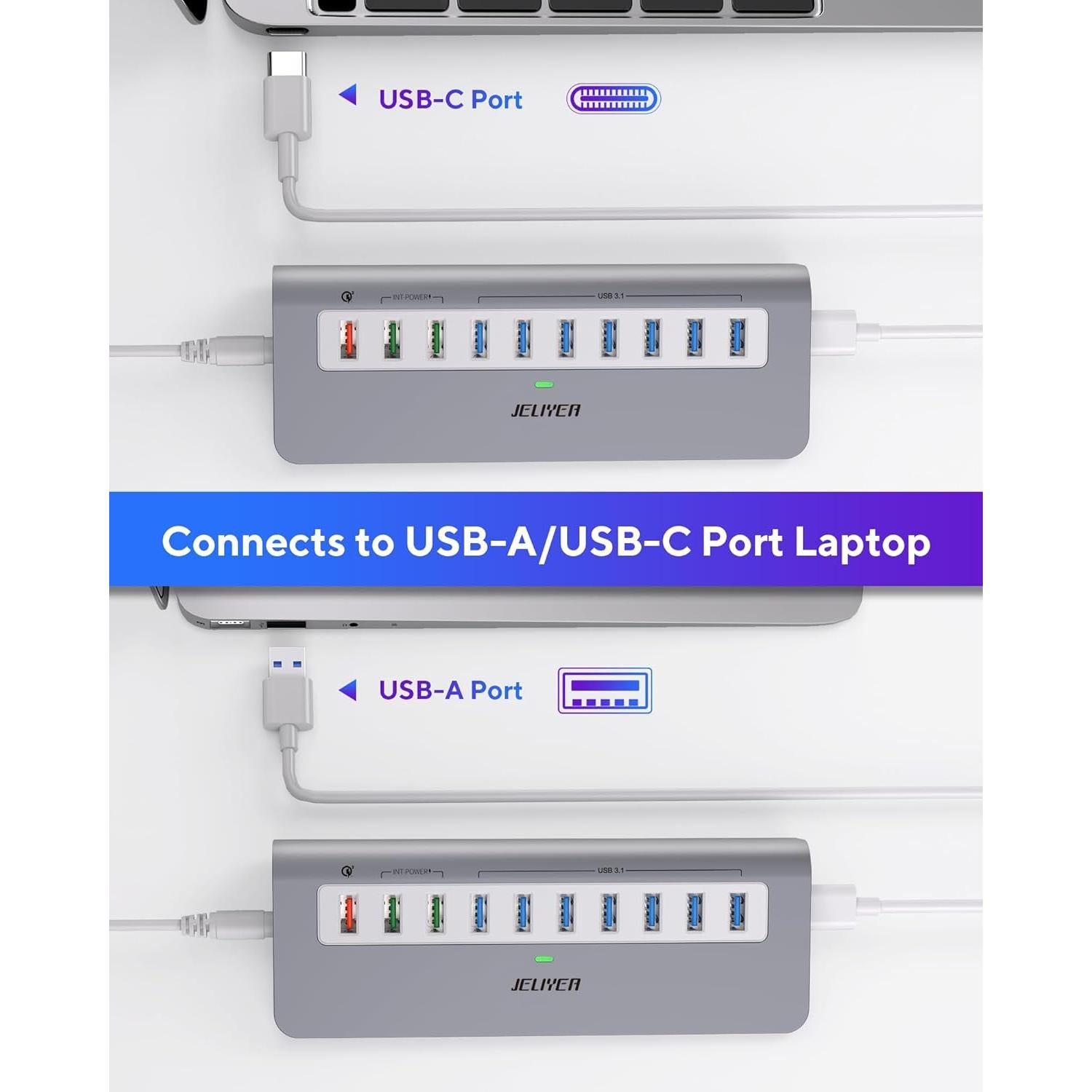 Hub USB 3.1 Alimentado JELIYEA 10 Puertos 10Gbps Carga Rápida