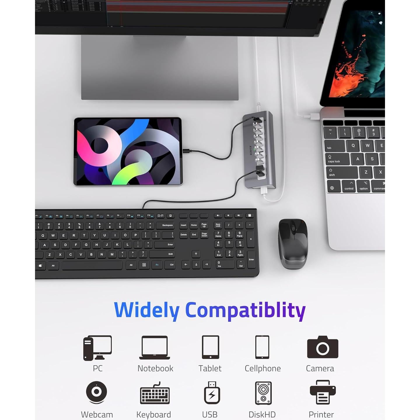 Hub USB 3.1 Alimentado JELIYEA 10 Puertos 10Gbps Carga Rápida