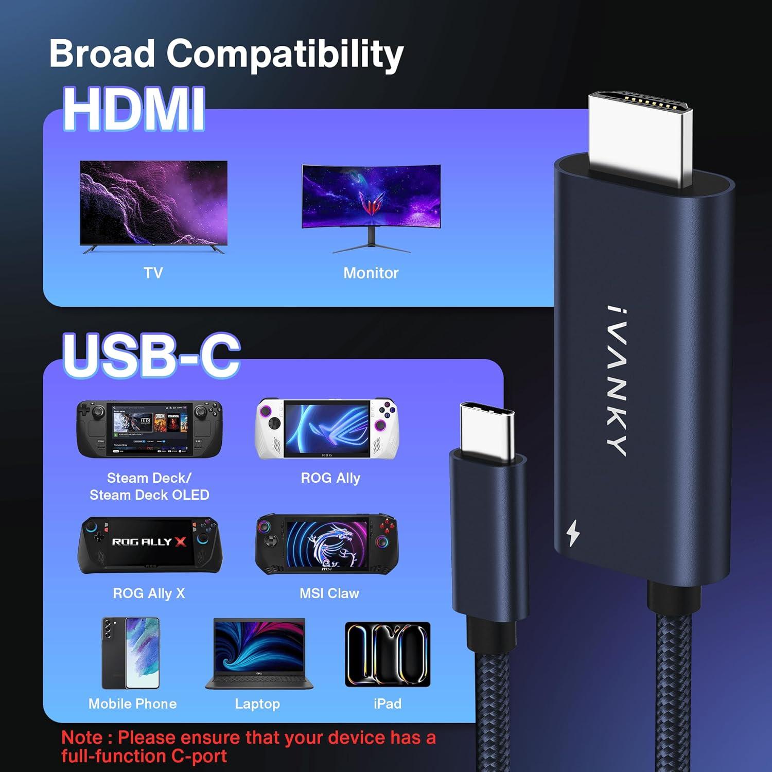Cable USB C a HDMI iVANKY 100W 2m 4K para Steam Deck