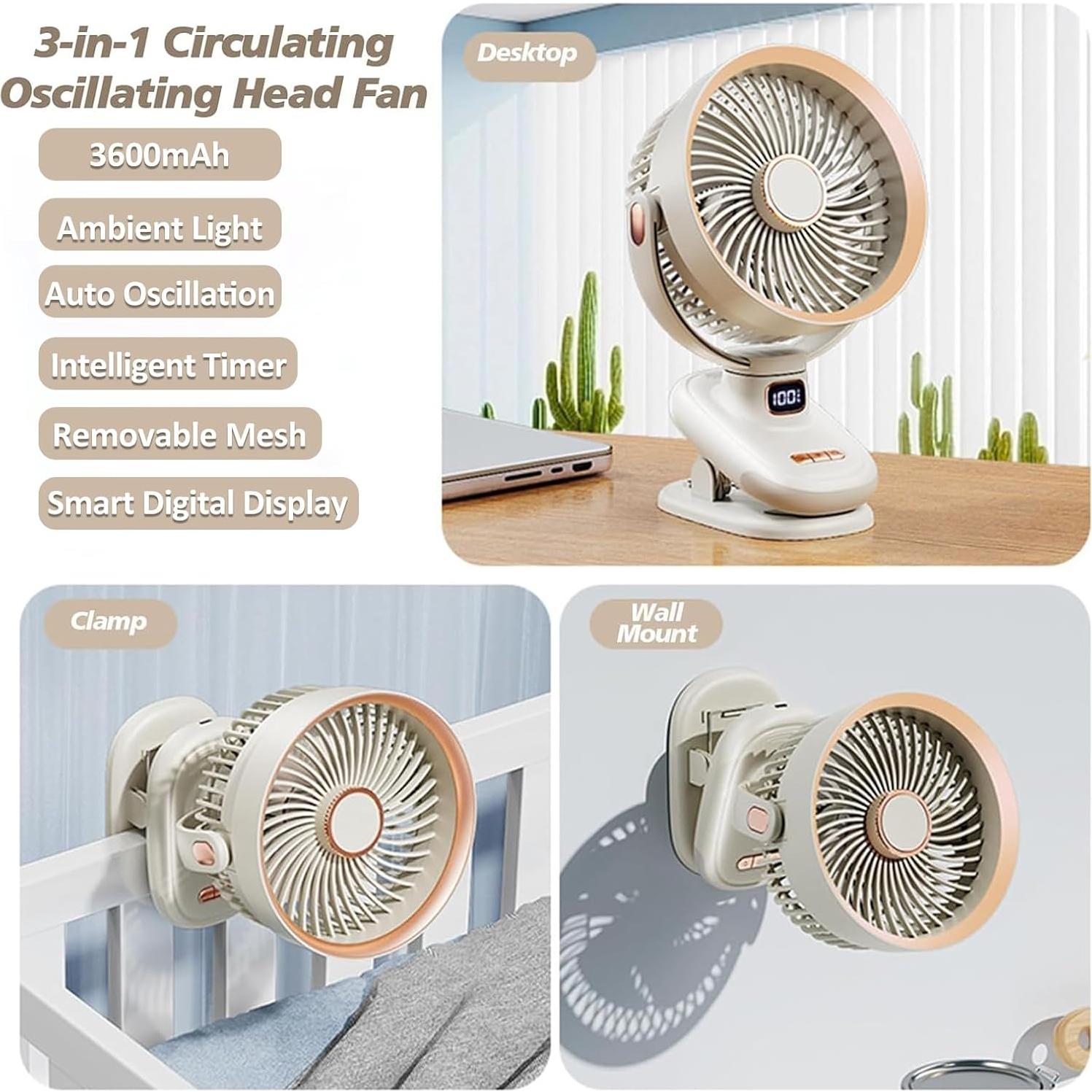 Ventilador Portátil Clip SAYTAY 5V 2400mAh Oscilante Beige