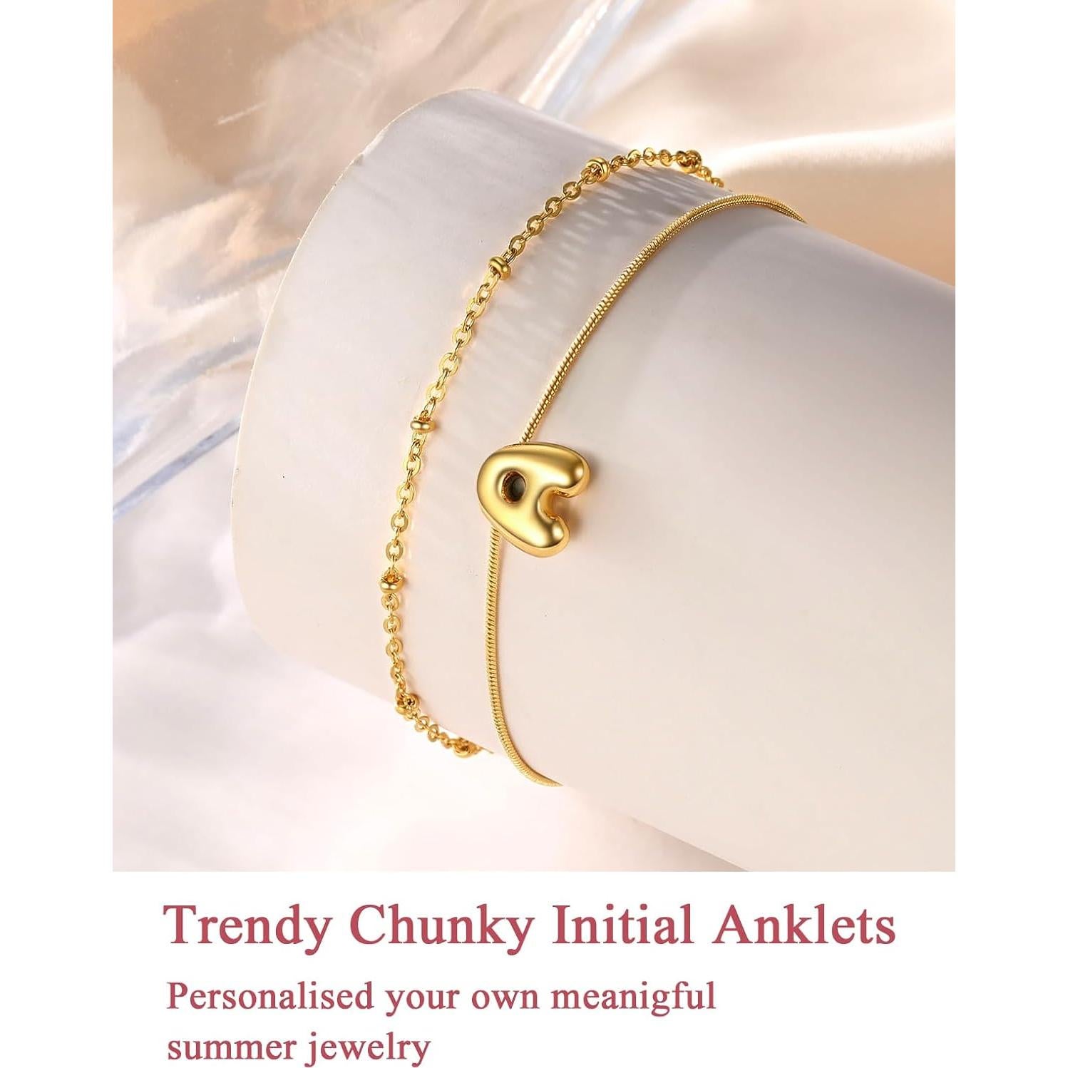 Pulsera Tobillera Inicial FOCALOOK Oro 14K Ajustable 21.6 cm