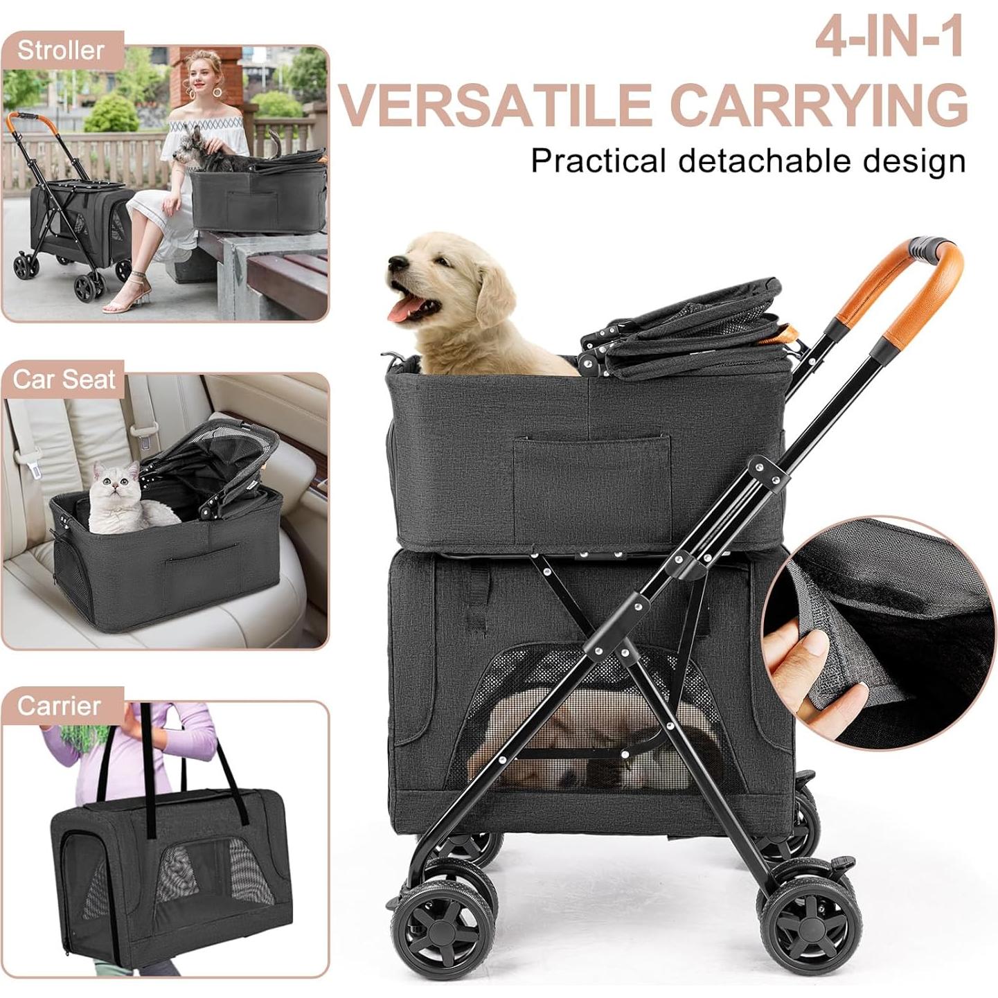Carrito de Mascotas Doble LPOTIUS Negro para Perros y Gatos