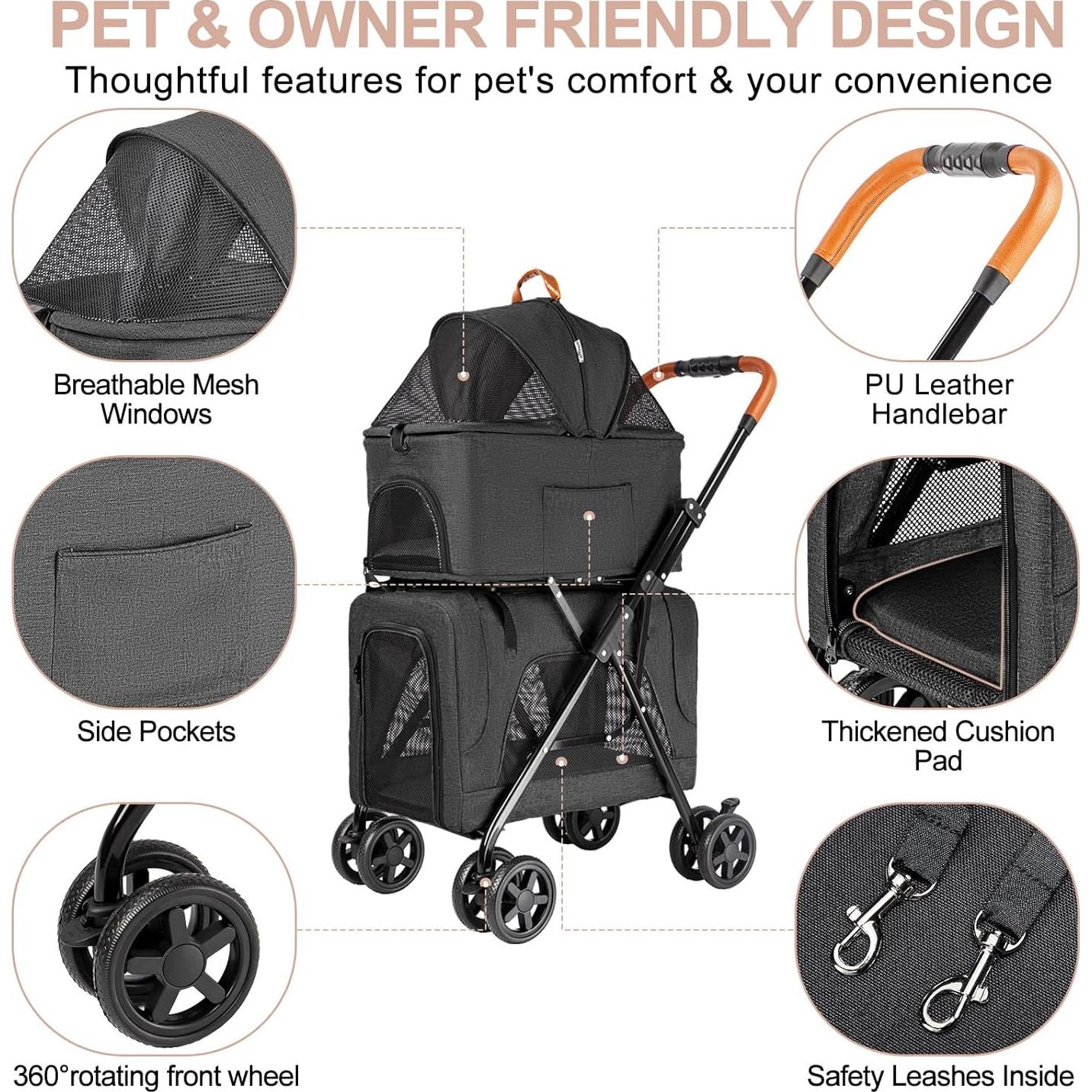 Carrito de Mascotas Doble LPOTIUS Negro para Perros y Gatos