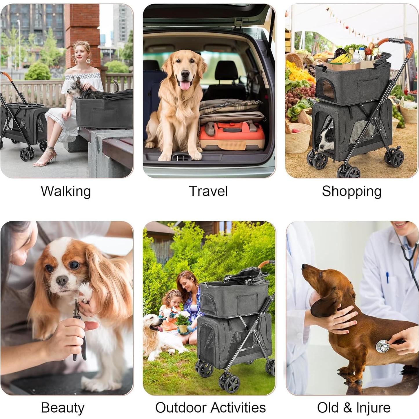 Carrito de Mascotas Doble LPOTIUS Negro para Perros y Gatos