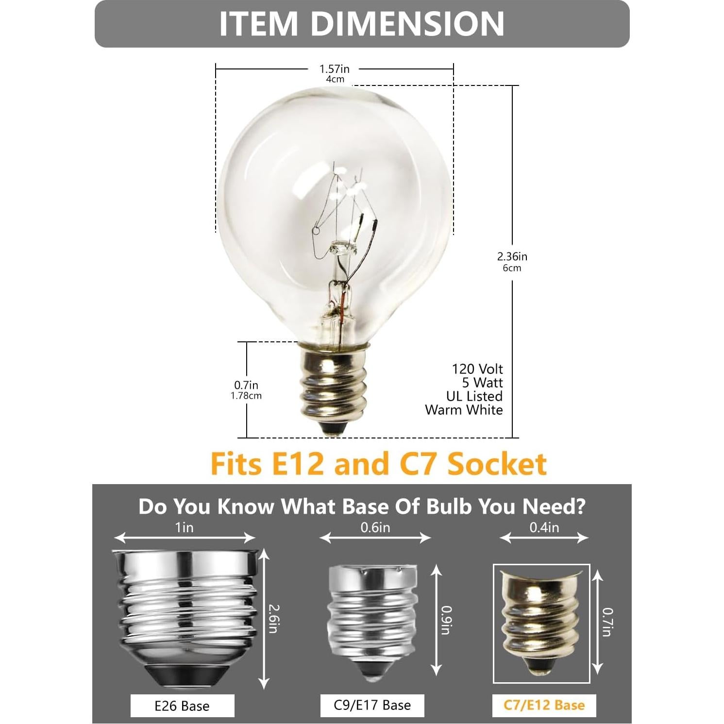 Bombillas Globo G40 Sunsgne 5W E12 C7 Paquete de 25
