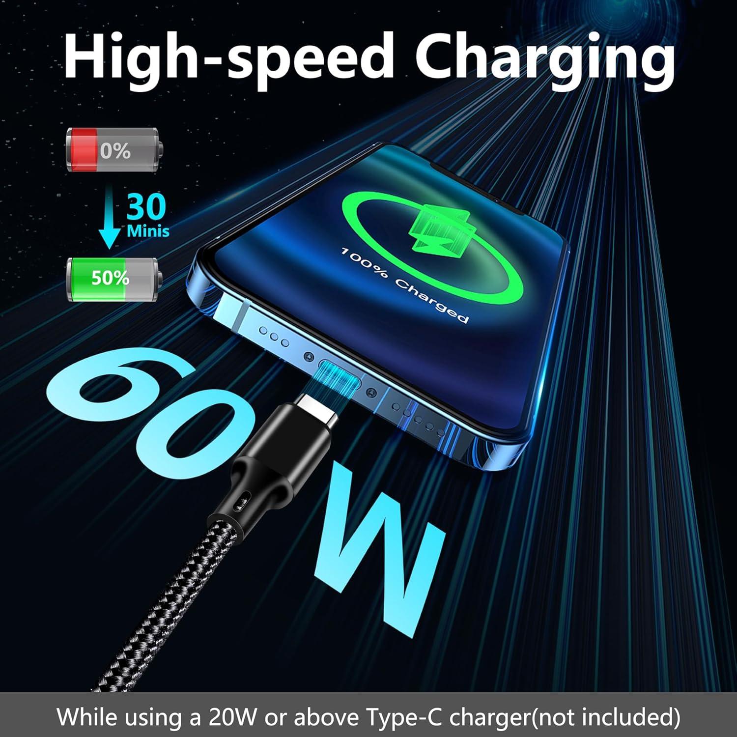 Cable USB C a USB C 60W 2m Longlidie - Carga Rápida Negro