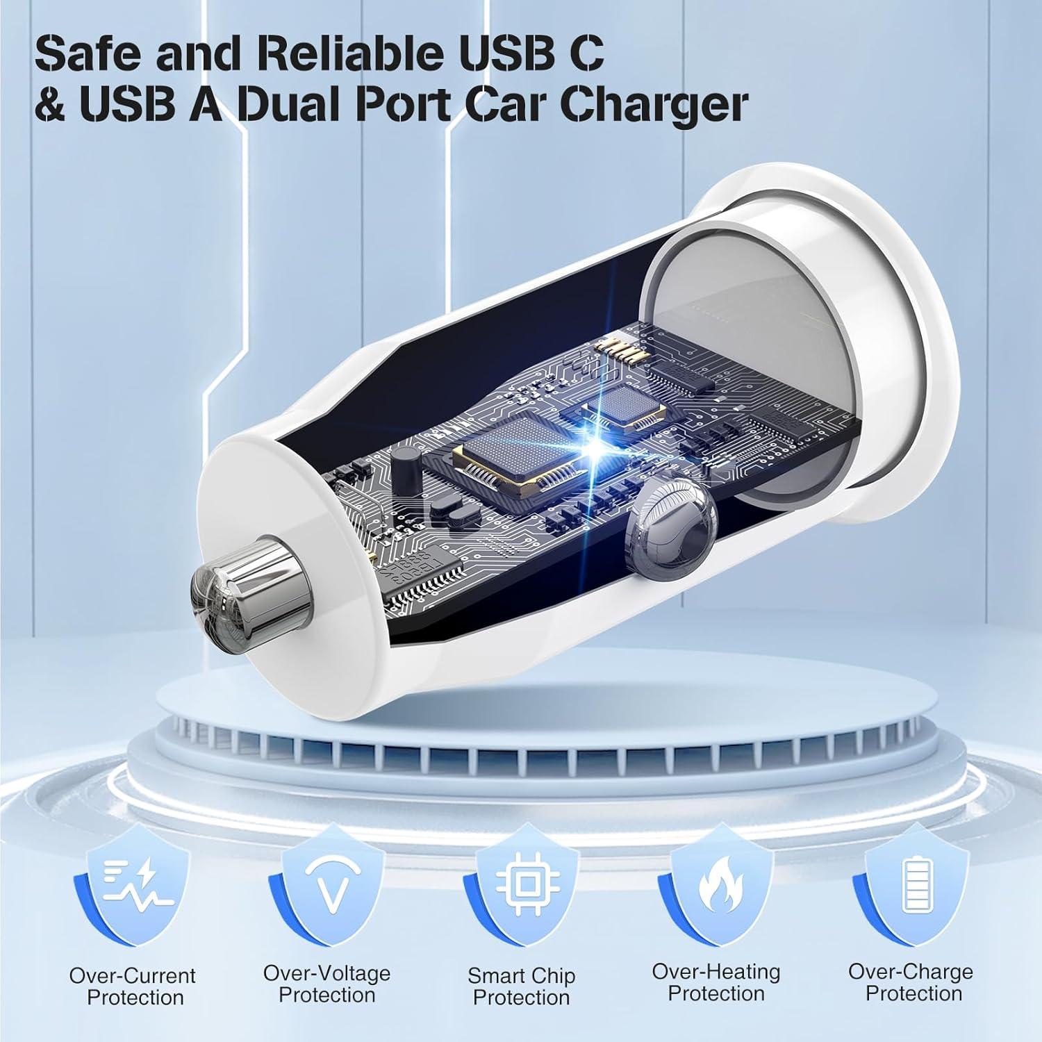 Cargador de coche USB-C y USB-A 40W con cables 3FT - Blanco