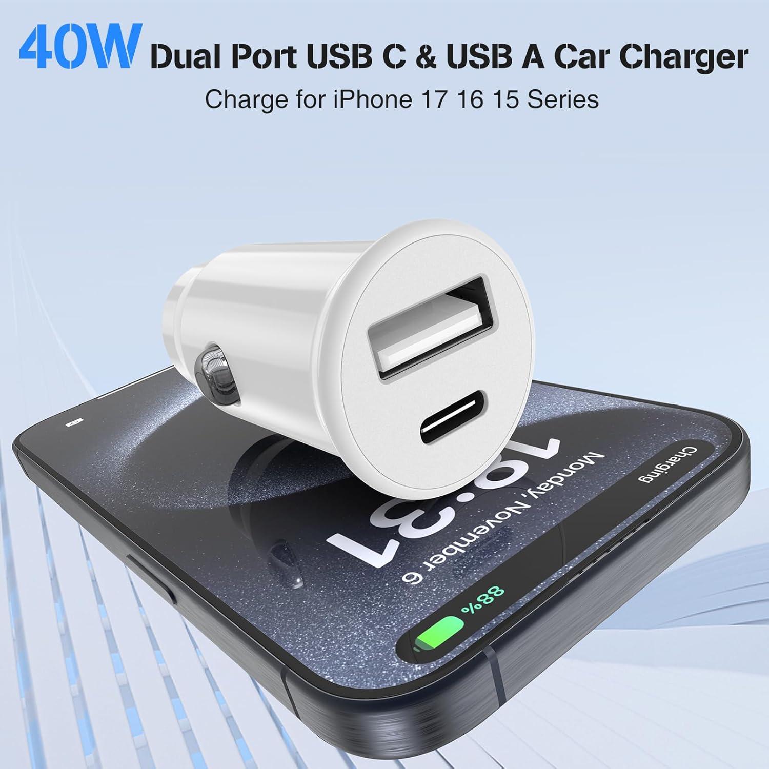 Cargador de coche USB-C y USB-A 40W con cables 3FT - Blanco