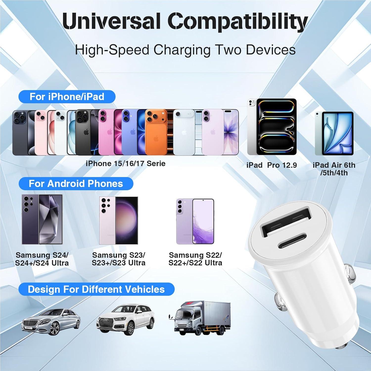 Cargador de coche USB-C y USB-A 40W con cables 3FT - Blanco