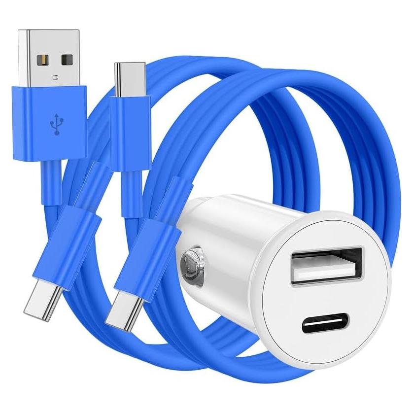 Cargador de coche USB-C 40W Doble Puerto + 2 Cables 3FT Azul