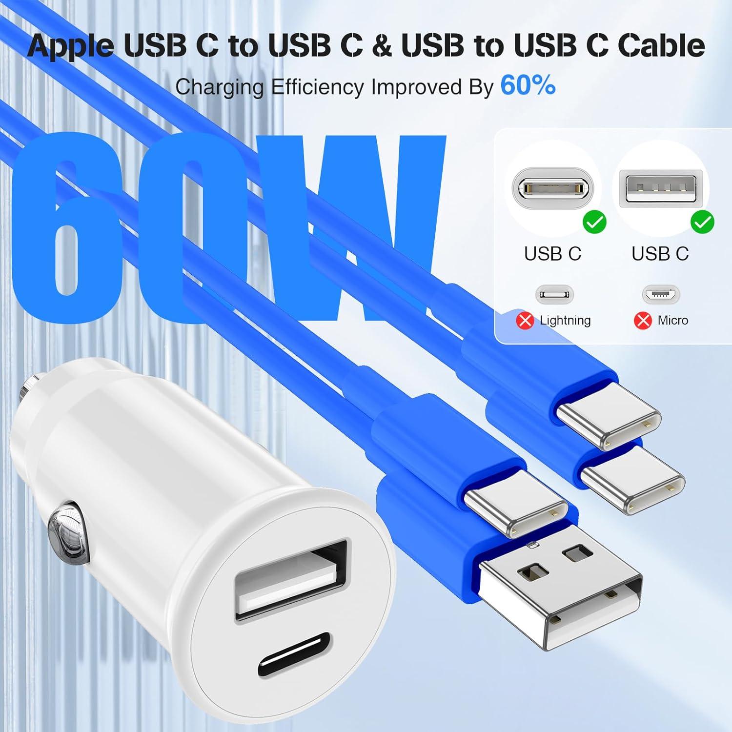 Cargador de coche USB-C 40W Doble Puerto + 2 Cables 3FT Azul