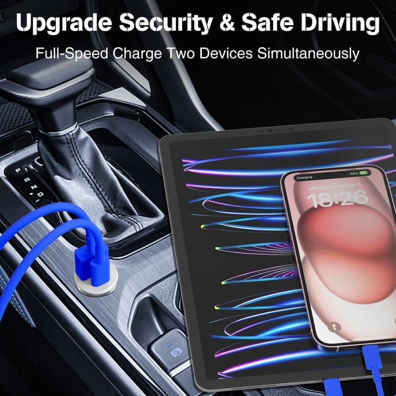 Cargador de coche USB-C 40W Doble Puerto + 2 Cables 3FT Azul