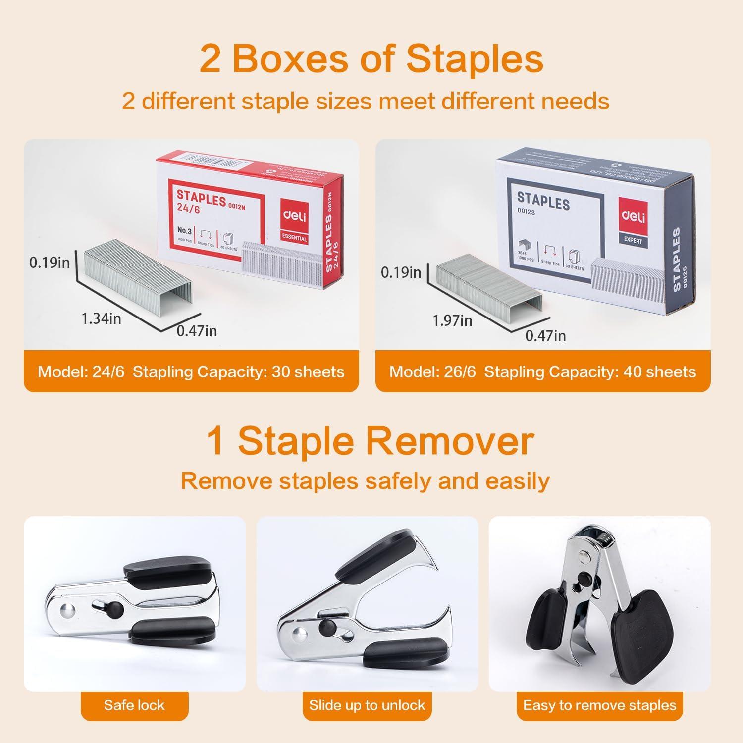 Grapadora Deli AZ0370S-BK, 40 Hojas, Sin Esfuerzo, Negra