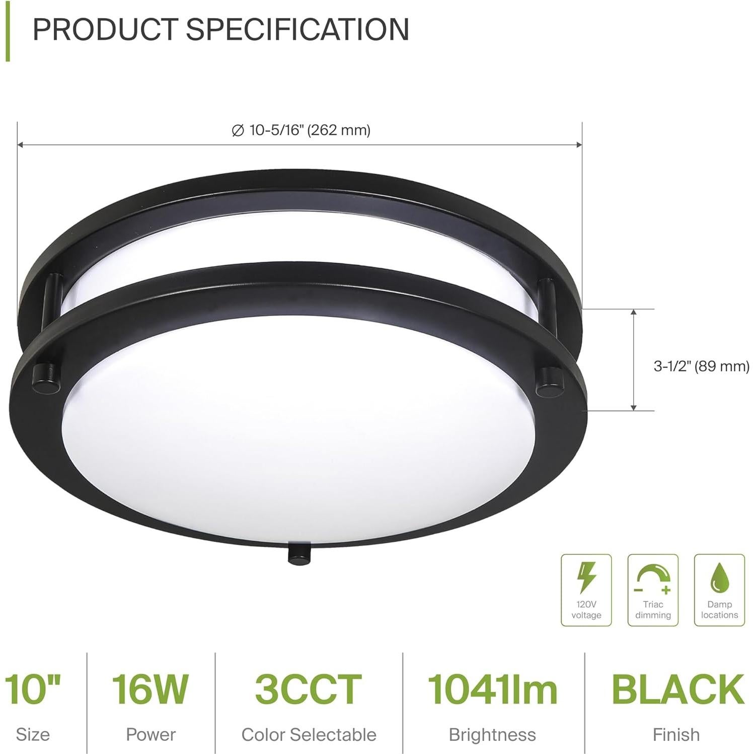 ASD LED 10 Inch Round Flush Mount Light Fixture | 16W 1050LM 3000K-5000K 120V | 3CCT, Dimmable, Energy Star, ETL Listed | Close to Ceiling Double Ring Lamp, Low Profile Lighting | Black