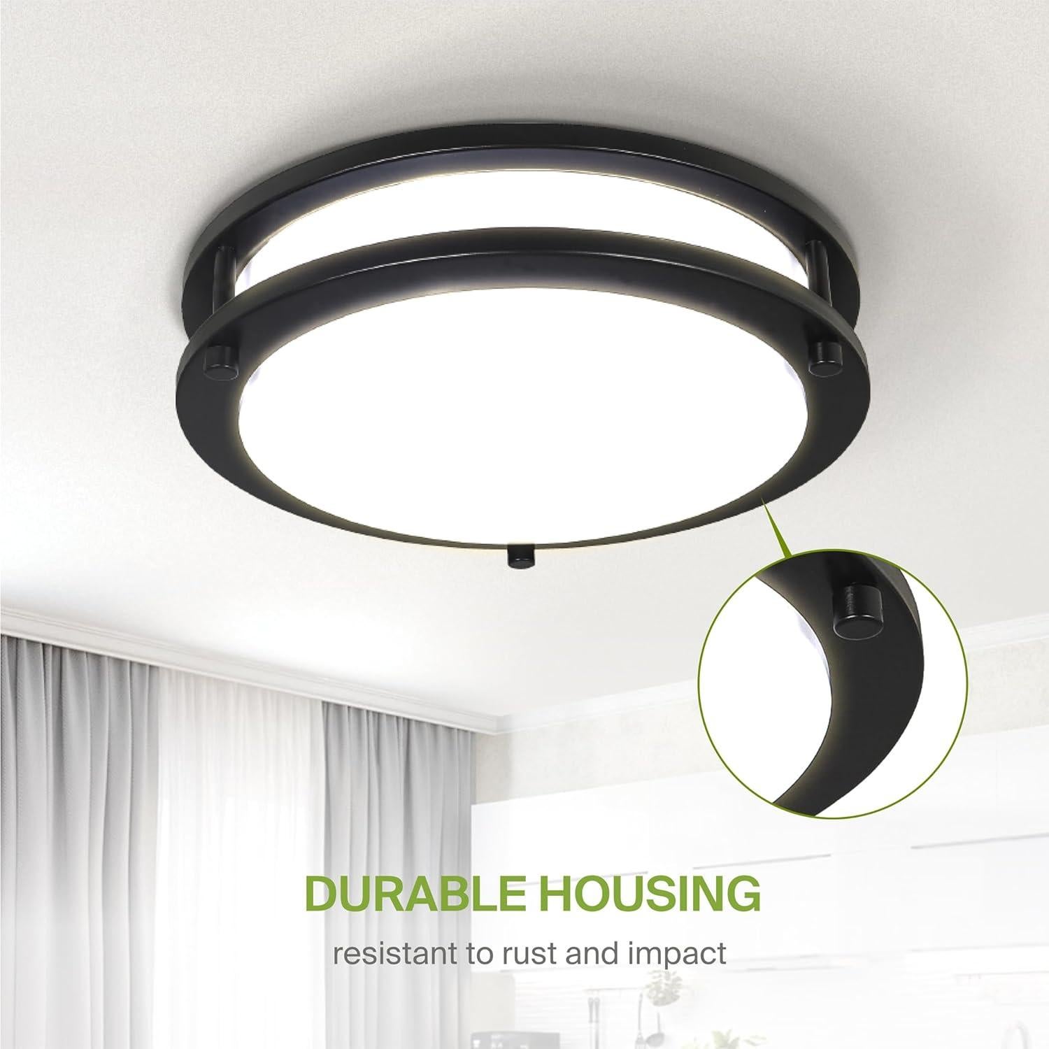 ASD LED 10 Inch Round Flush Mount Light Fixture | 16W 1050LM 3000K-5000K 120V | 3CCT, Dimmable, Energy Star, ETL Listed | Close to Ceiling Double Ring Lamp, Low Profile Lighting | Black