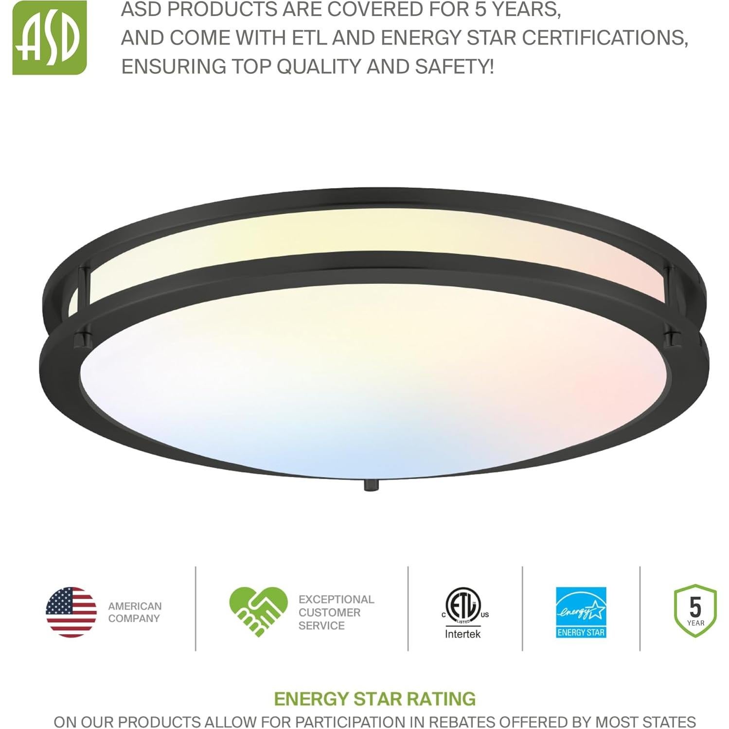 ASD LED 10 Inch Round Flush Mount Light Fixture | 16W 1050LM 3000K-5000K 120V | 3CCT, Dimmable, Energy Star, ETL Listed | Close to Ceiling Double Ring Lamp, Low Profile Lighting | Black