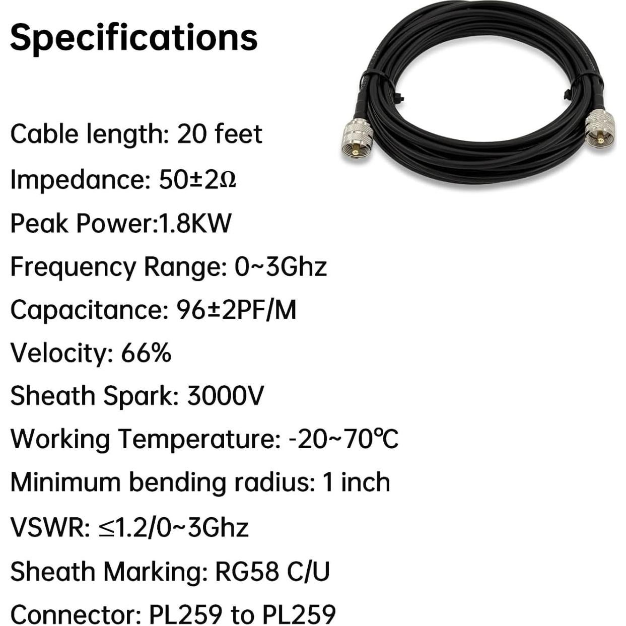 Cable Coaxial RG58 6.1m FMUSER 50 Ohm UHF Macho a Macho