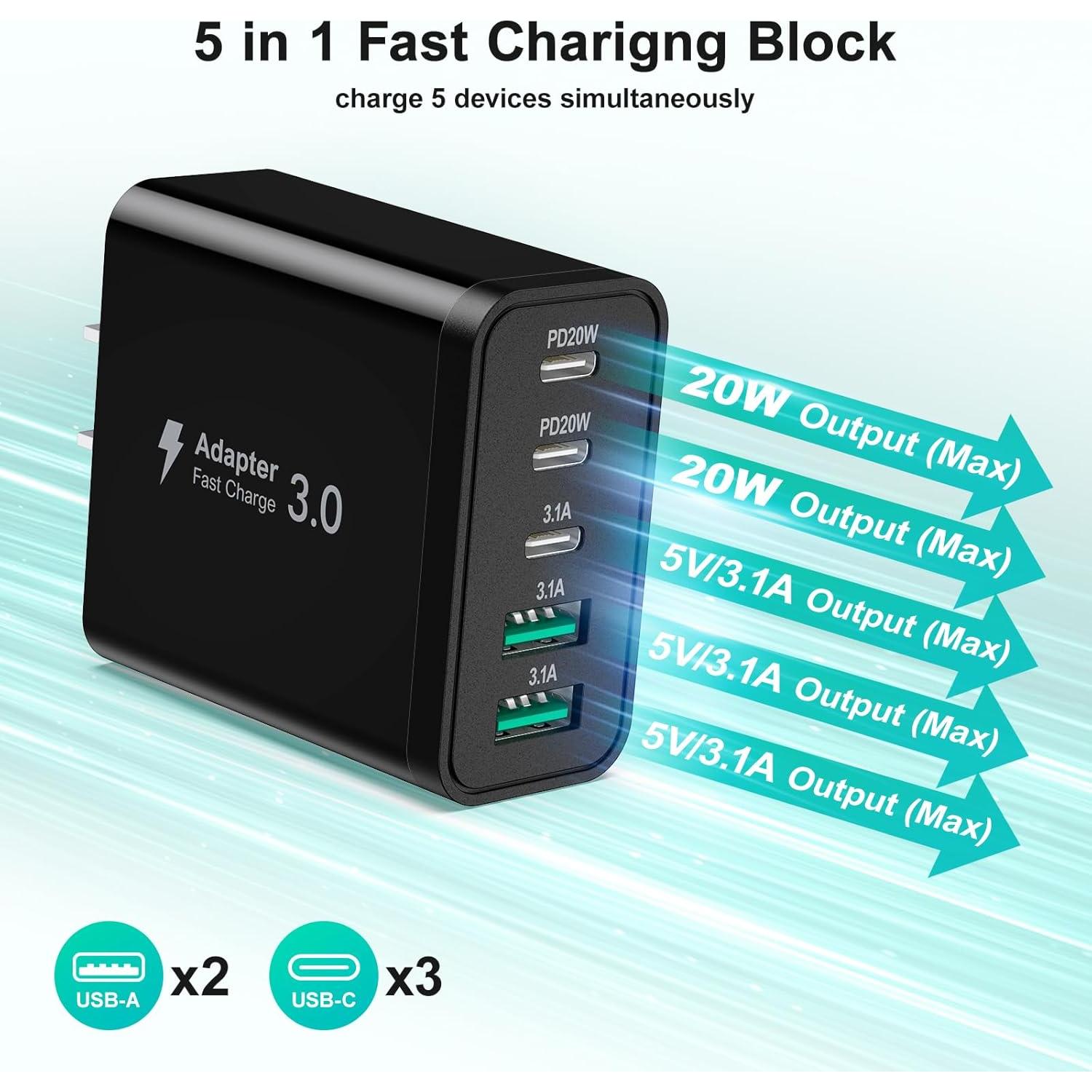 Cargador de Pared USB C 5 Puertos 50W Besgoods Carga Rápida