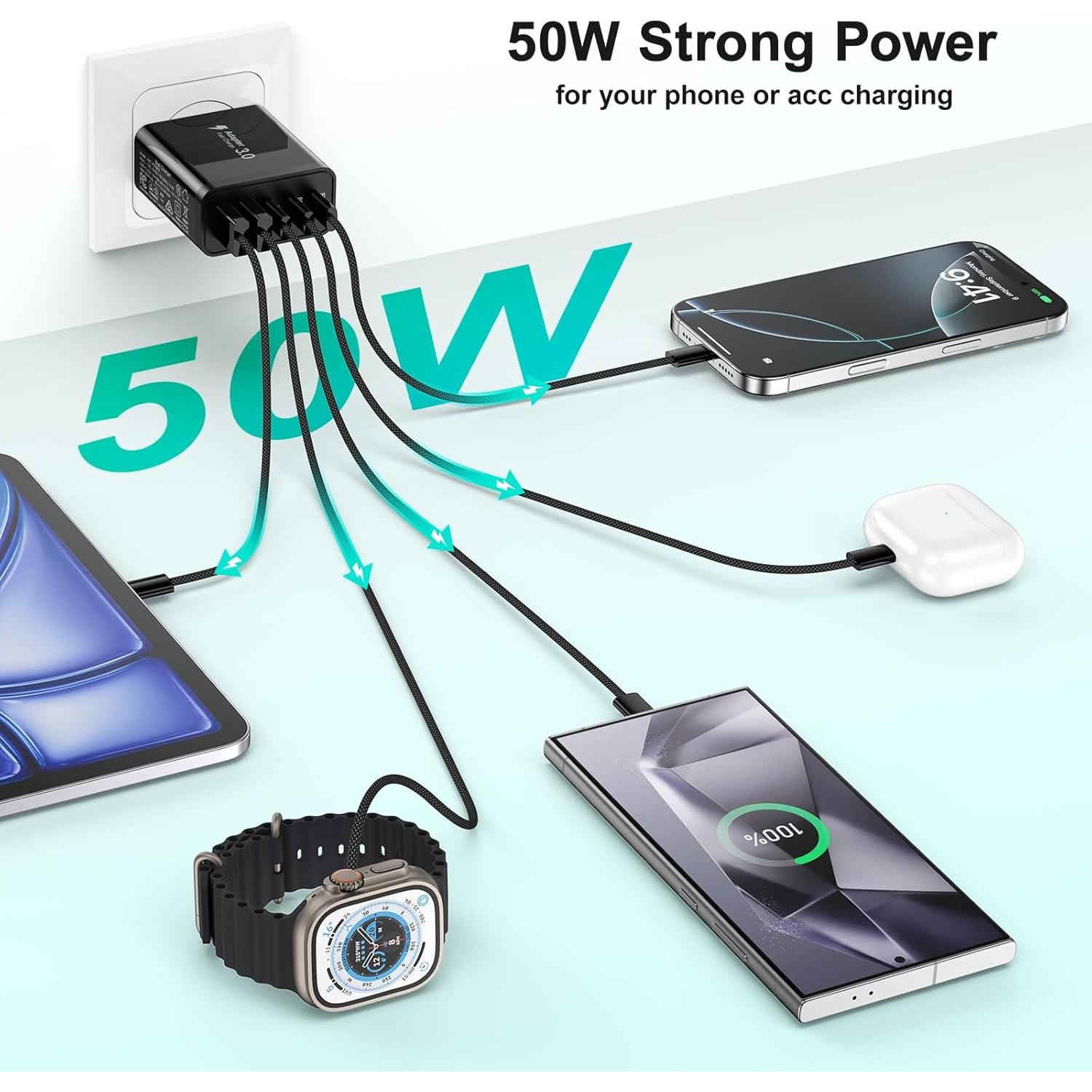 Cargador de Pared USB C 5 Puertos 50W Besgoods Carga Rápida