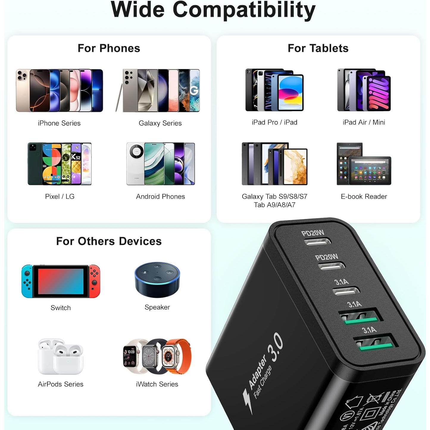 Cargador de Pared USB C 5 Puertos 50W Besgoods Carga Rápida