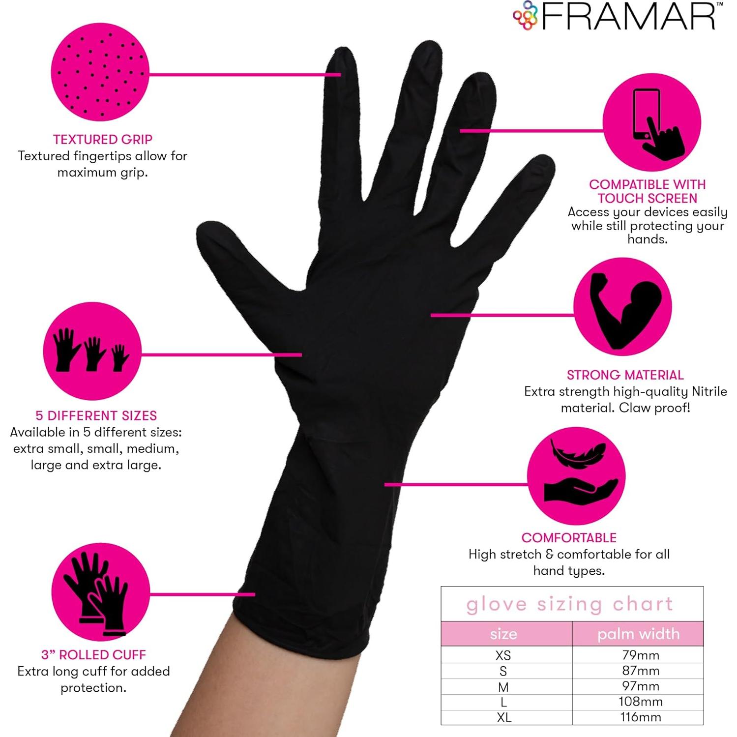 Guantes desechables de nitrilo FRAMAR negros - Extra pequeño - 100 unidades