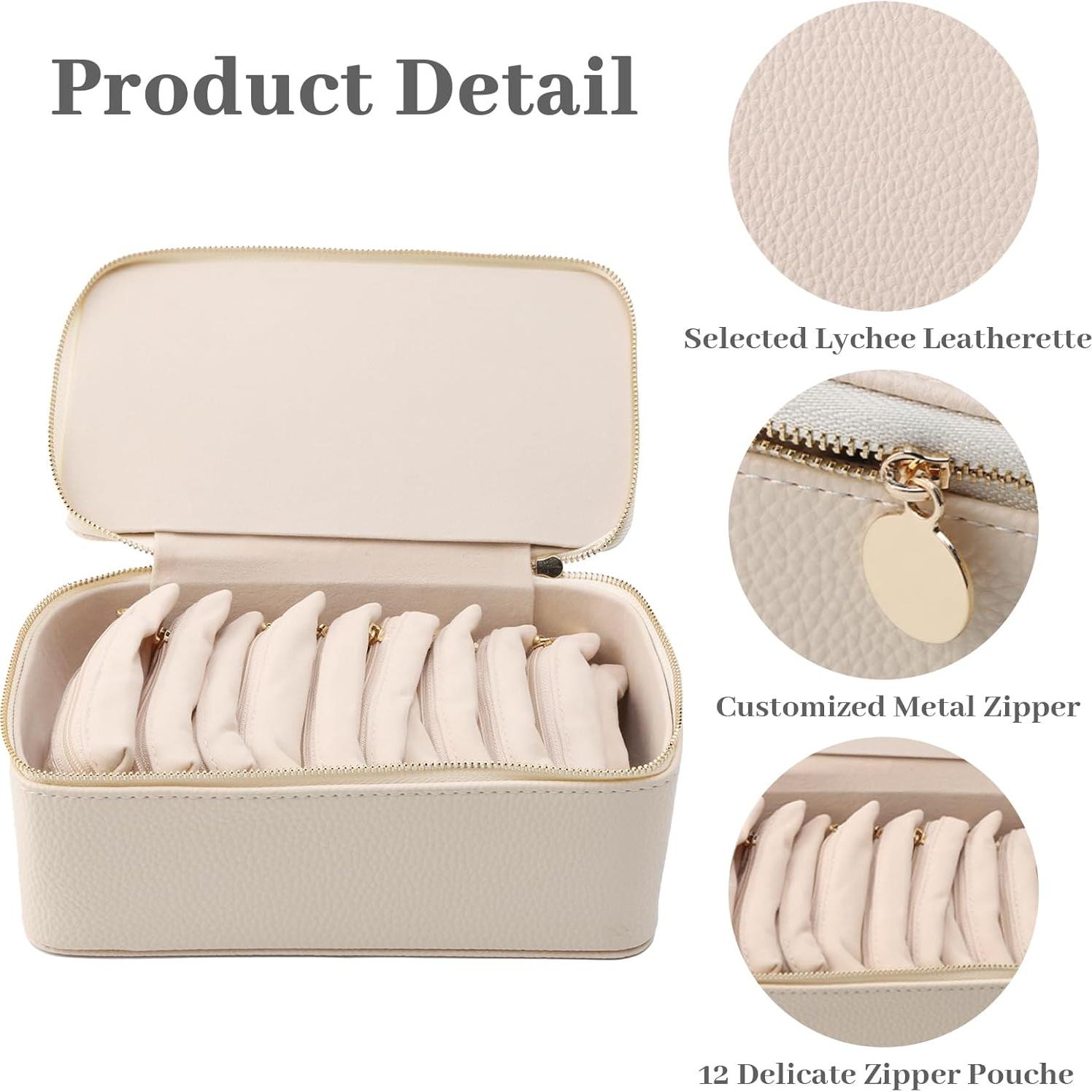 Caja de Joyería de Viaje NCONCO Beige con 12 Bolsas de Terciopelo