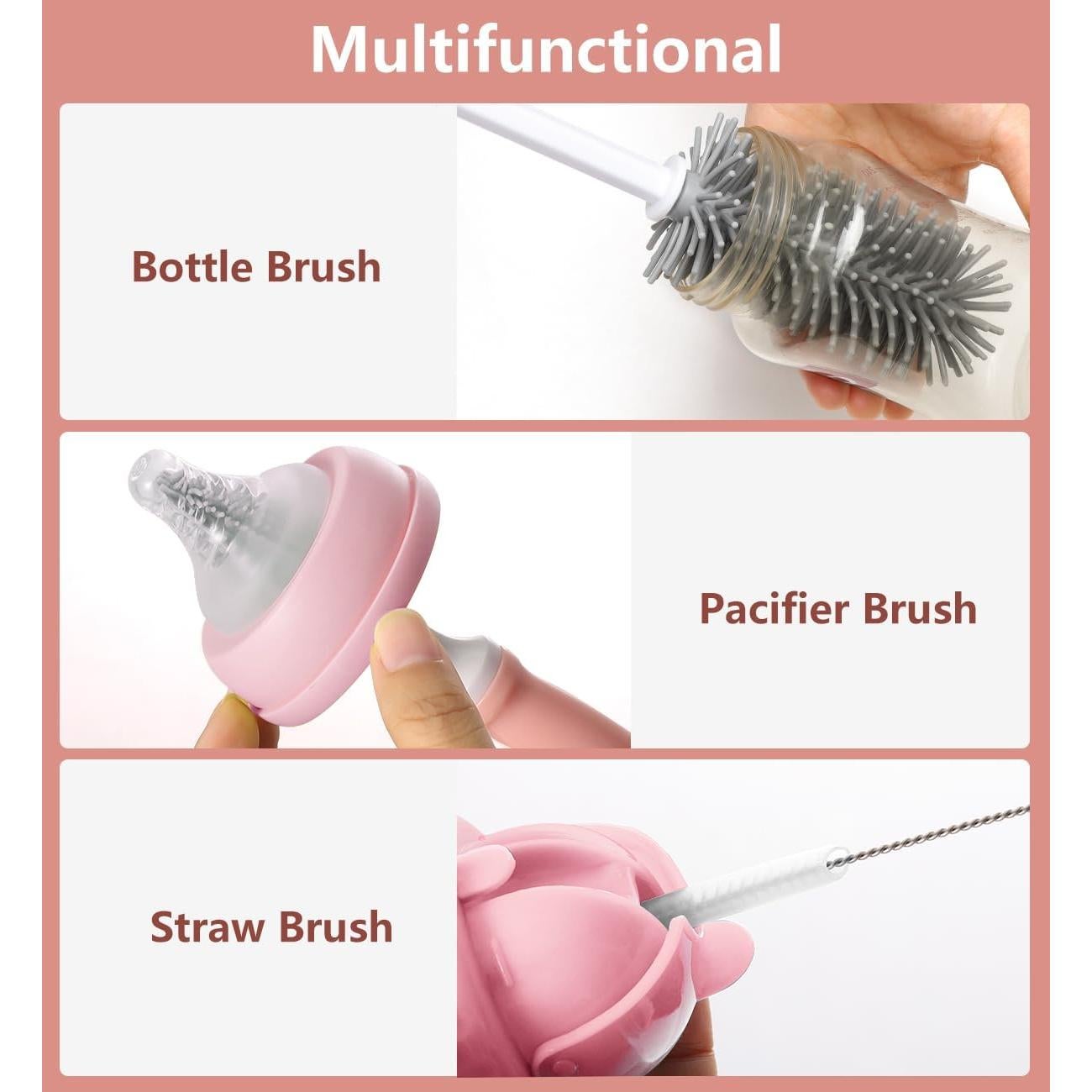 Cepillo de Limpieza 3-en-1 Zooawa para Botellas Bebé Rosa