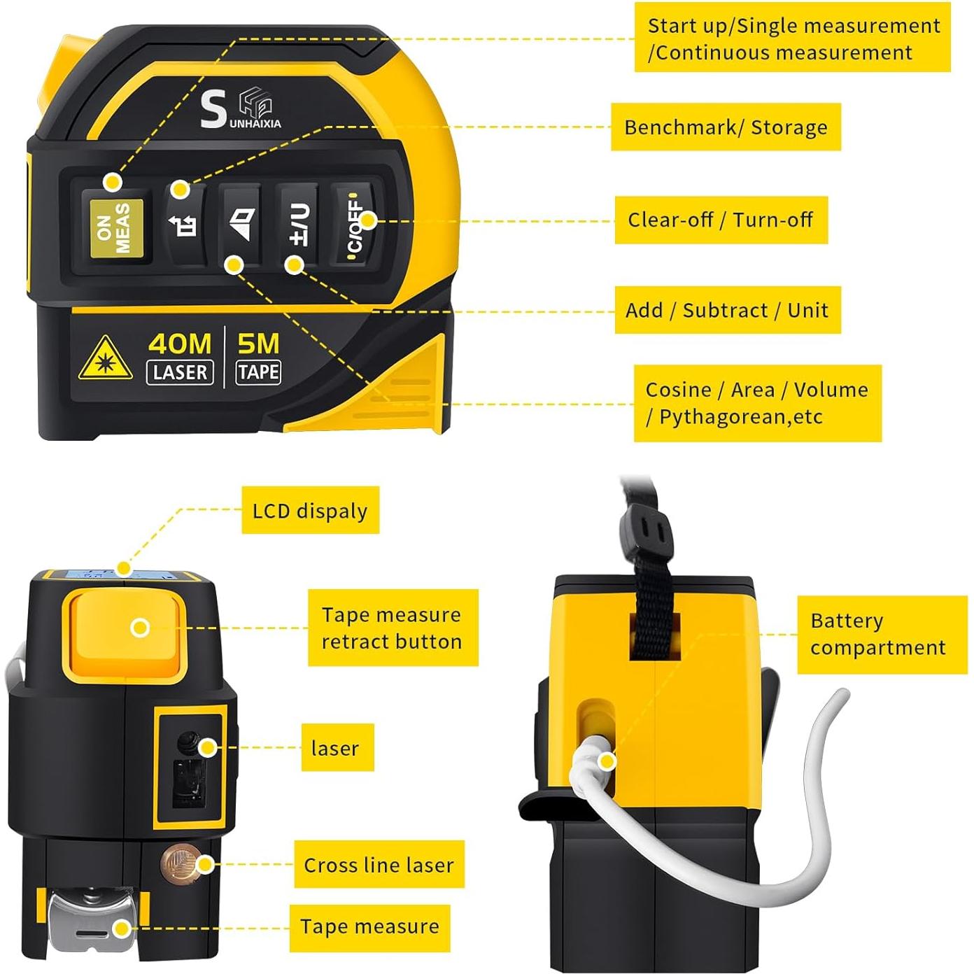 Medidor de cinta láser 4 en 1 SUNHAIXIA 40m + 5m AutoLock