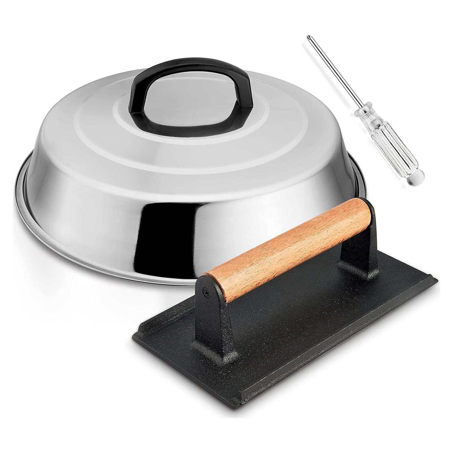 Domo Derretimiento Queso 30.48 cm + Prensa Parrilla Hierro Fundido 20.32x10.16 cm HaSteeL