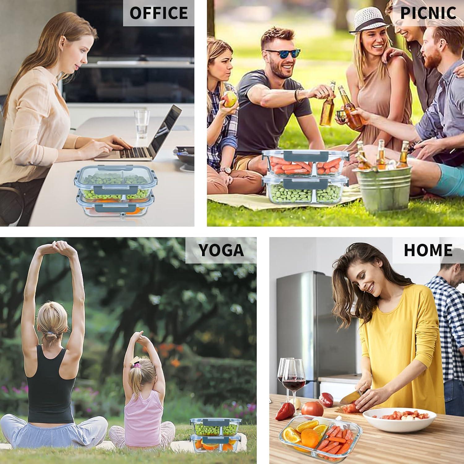 10 Contenedores de Vidrio KOMUEE 30oz con 2 Compartimentos