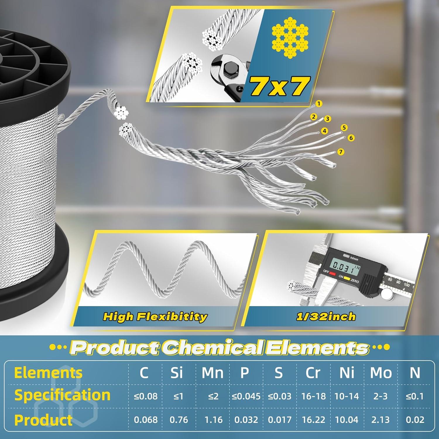 Cable de Acero Inoxidable 316 60.96m 1/32" con 50 Manguitos