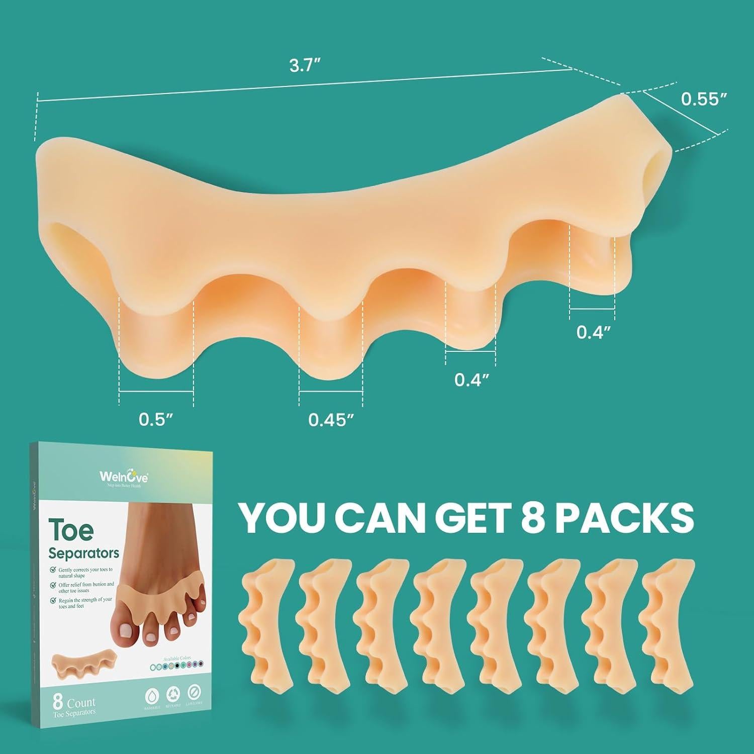 Separadores de Dedos Welnove de Silicona - Corrector de Juanetes, Paquete de 8