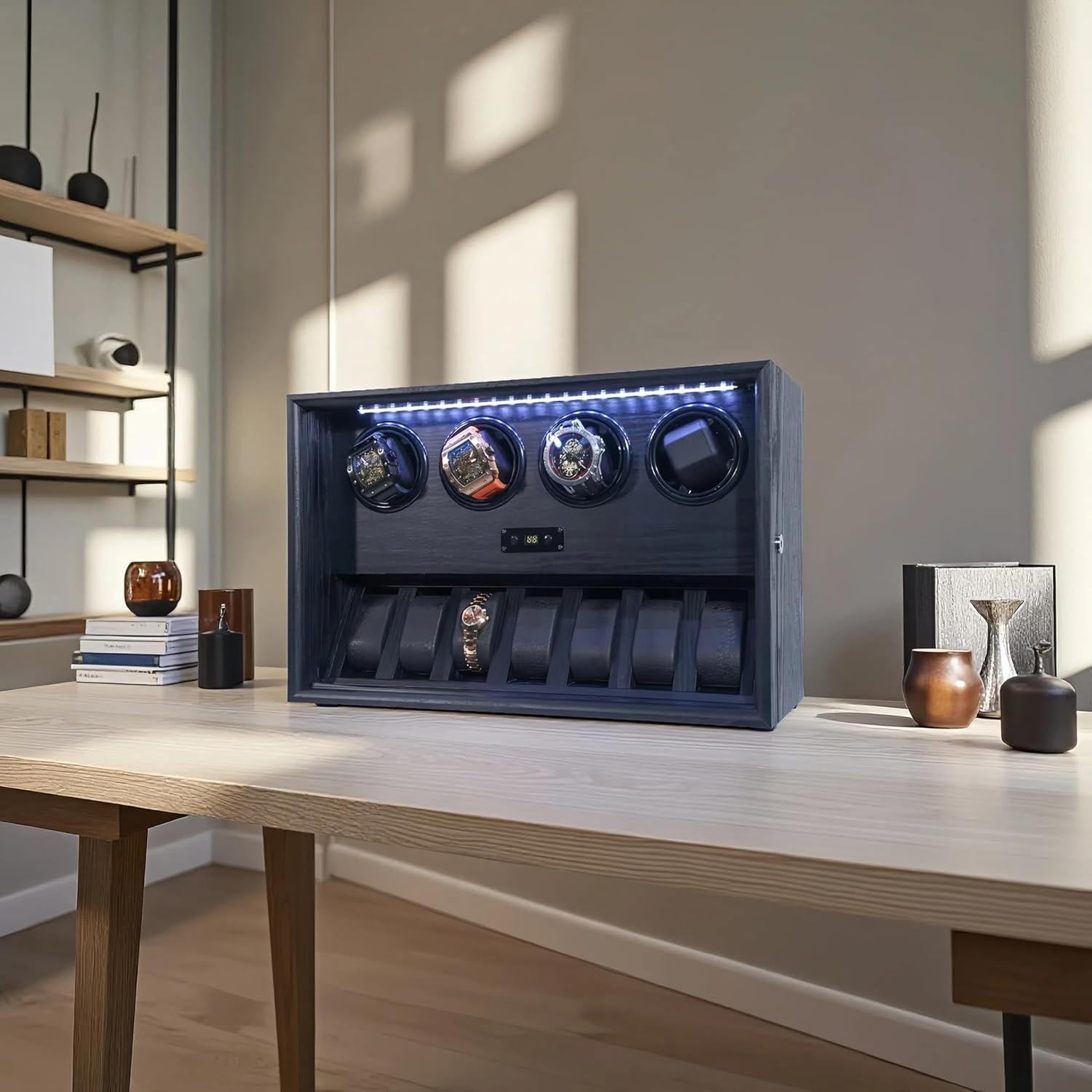 Enrollador de Relojes RYLENE para 4 Relojes Automáticos con Luz