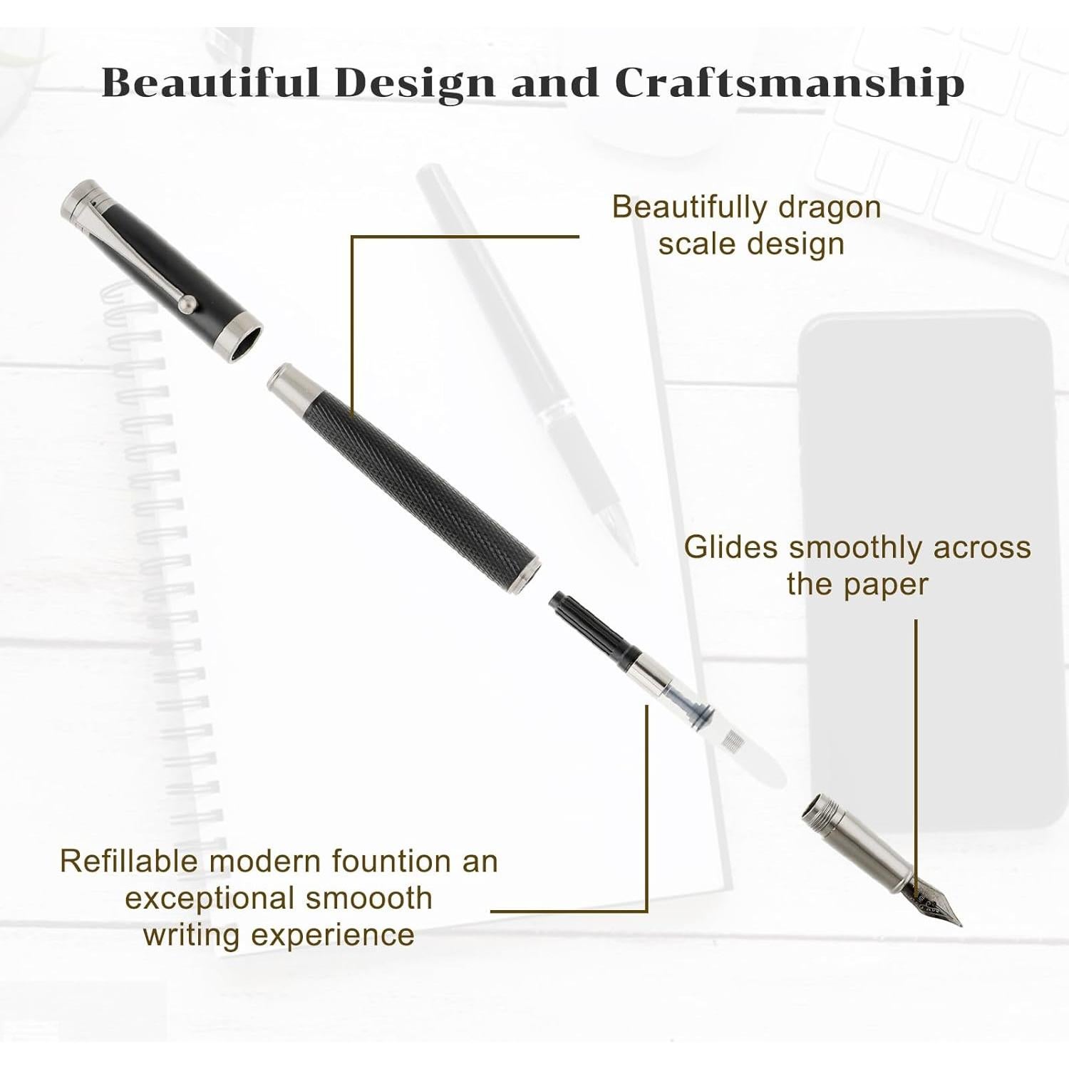 Juego de Pluma Fuente TIESOME Metal 0.5mm Punta Fina con 6 Cartuchos