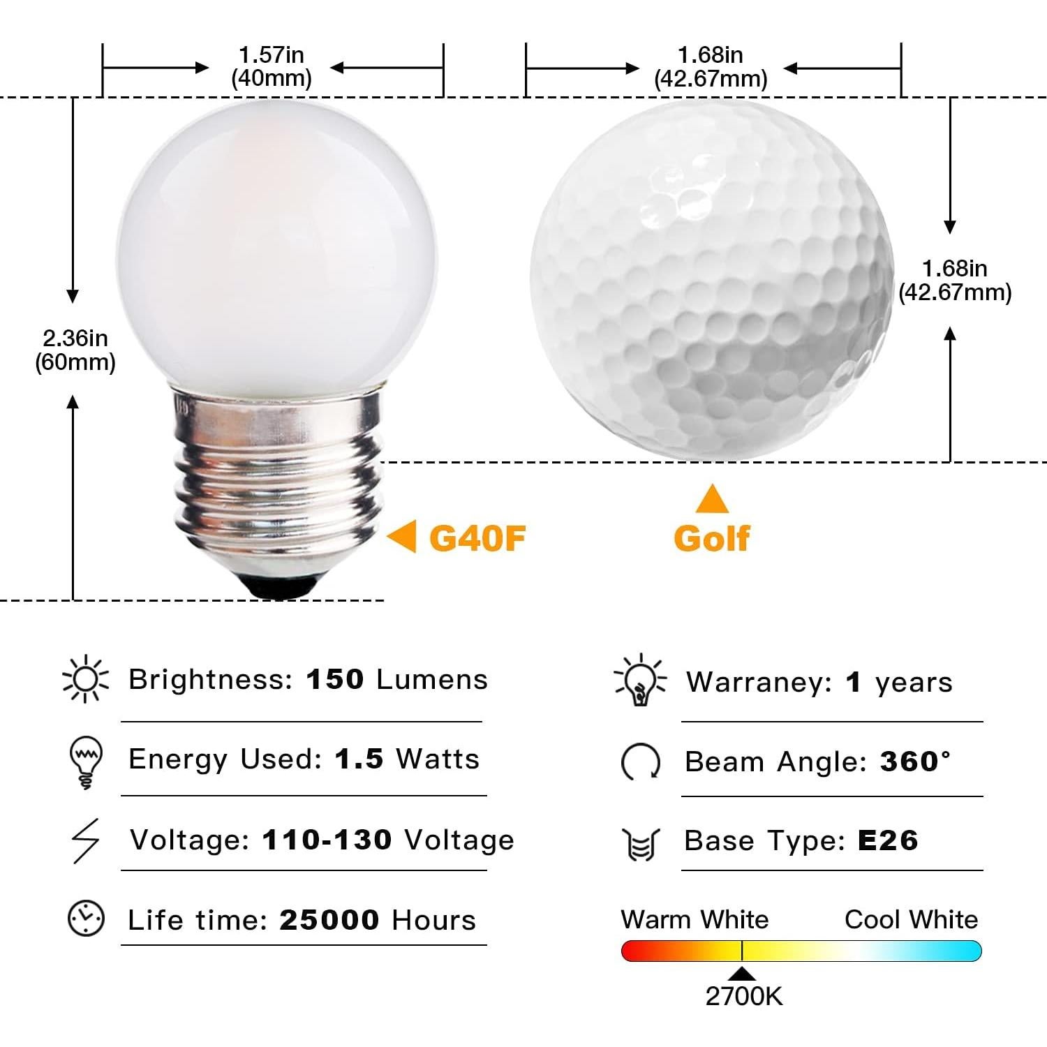 Bombilla LED G40 1.5W E26 2700K Blanco Cálido Paquete de 2