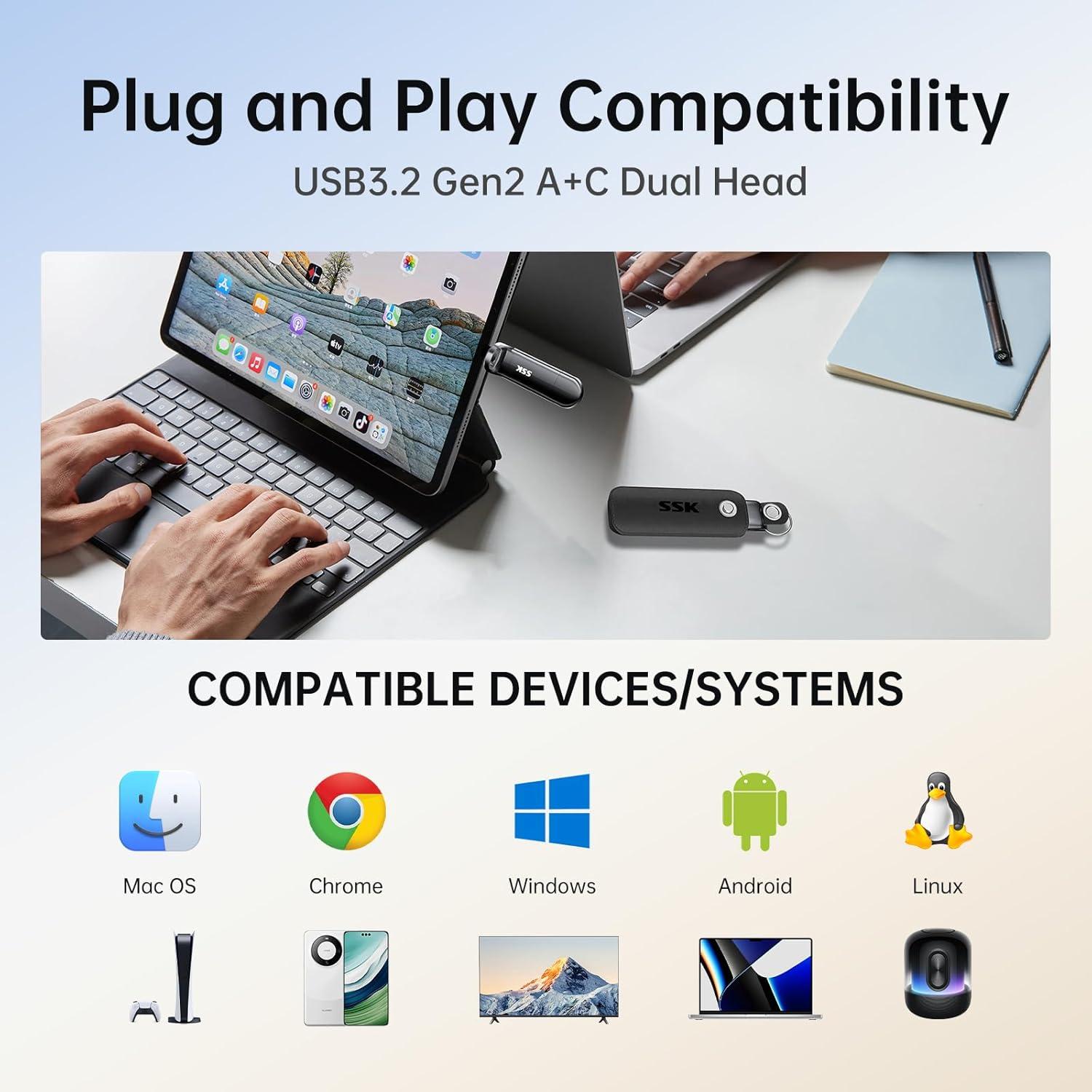 SSD Externo SSK 256GB USB C 3.2, Velocidad 1000MB/s